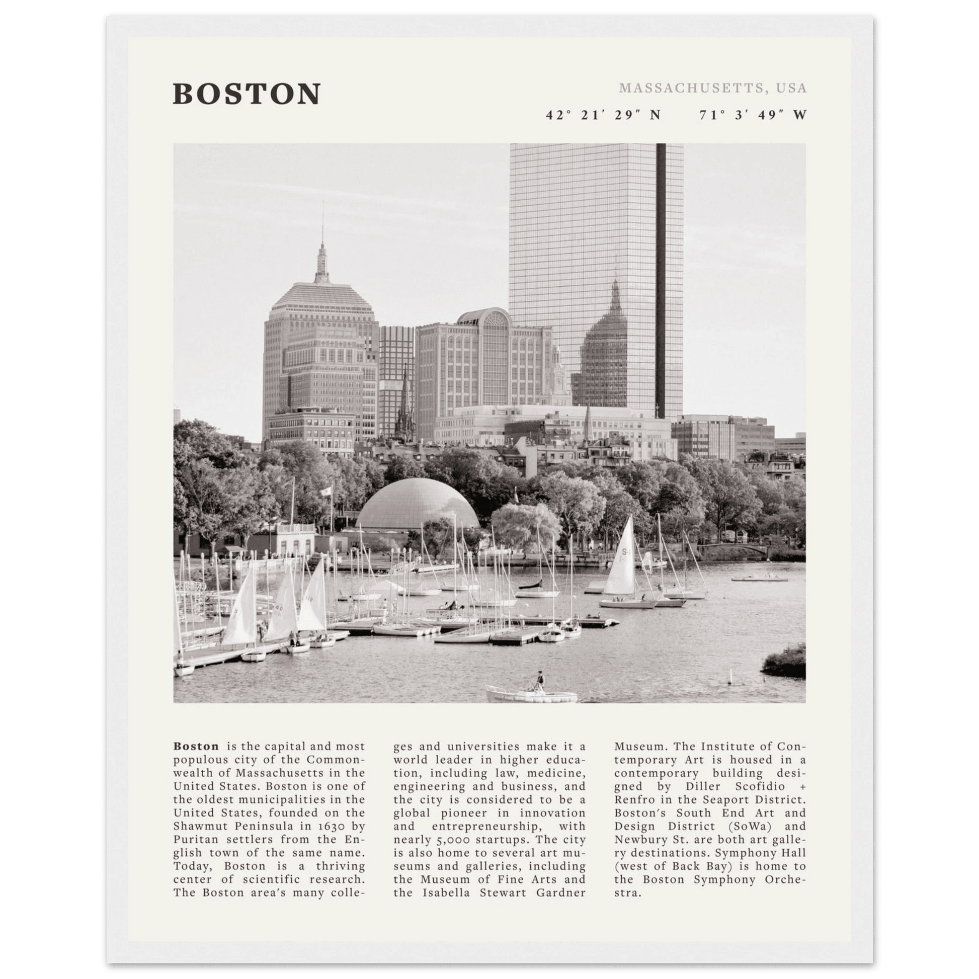 Boston Poster | Black & White Charles River Skyline Wall Art | Massachusetts Print - Evergreen Posters