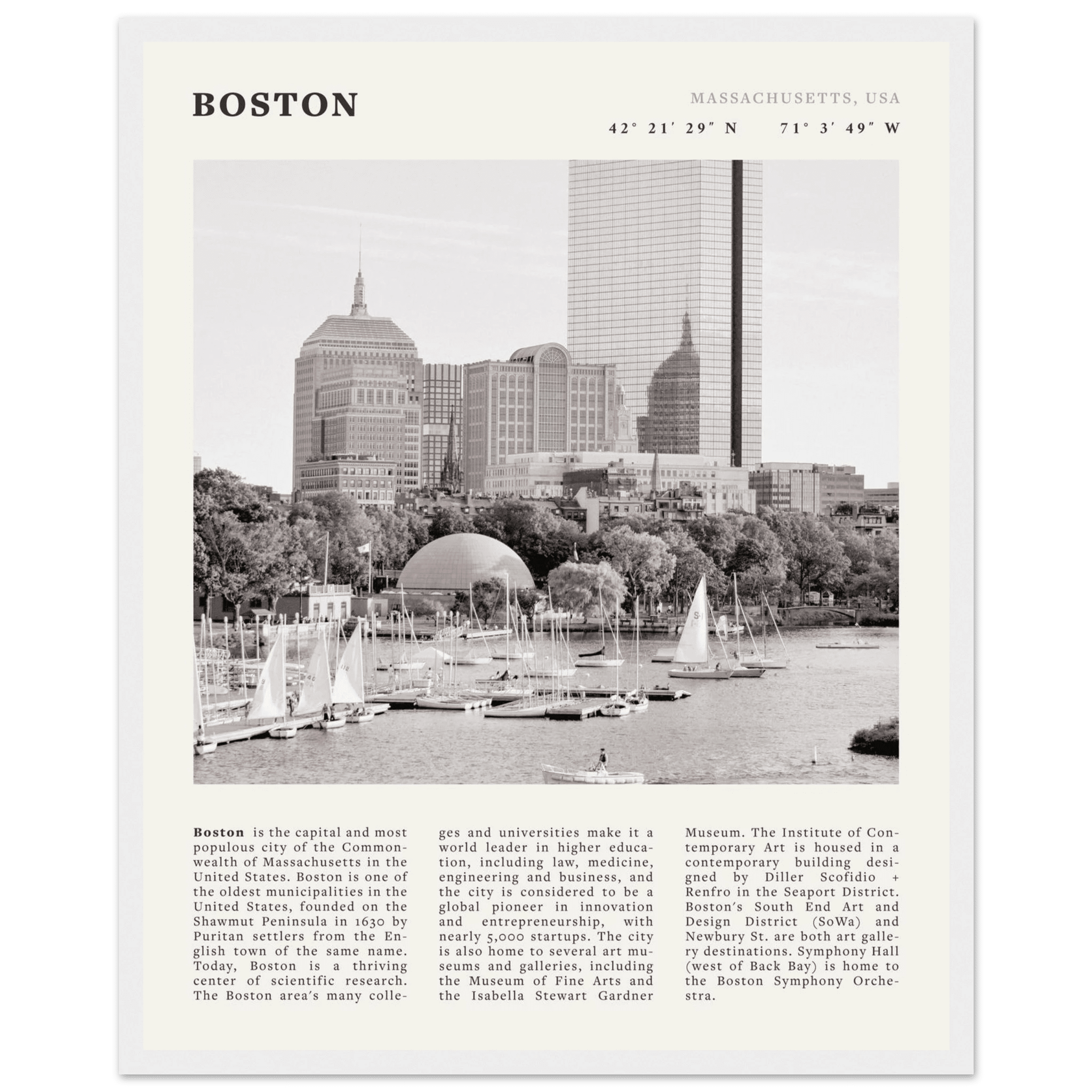 Boston Poster | Black & White Charles River Skyline Wall Art | Massachusetts Print - Evergreen Posters