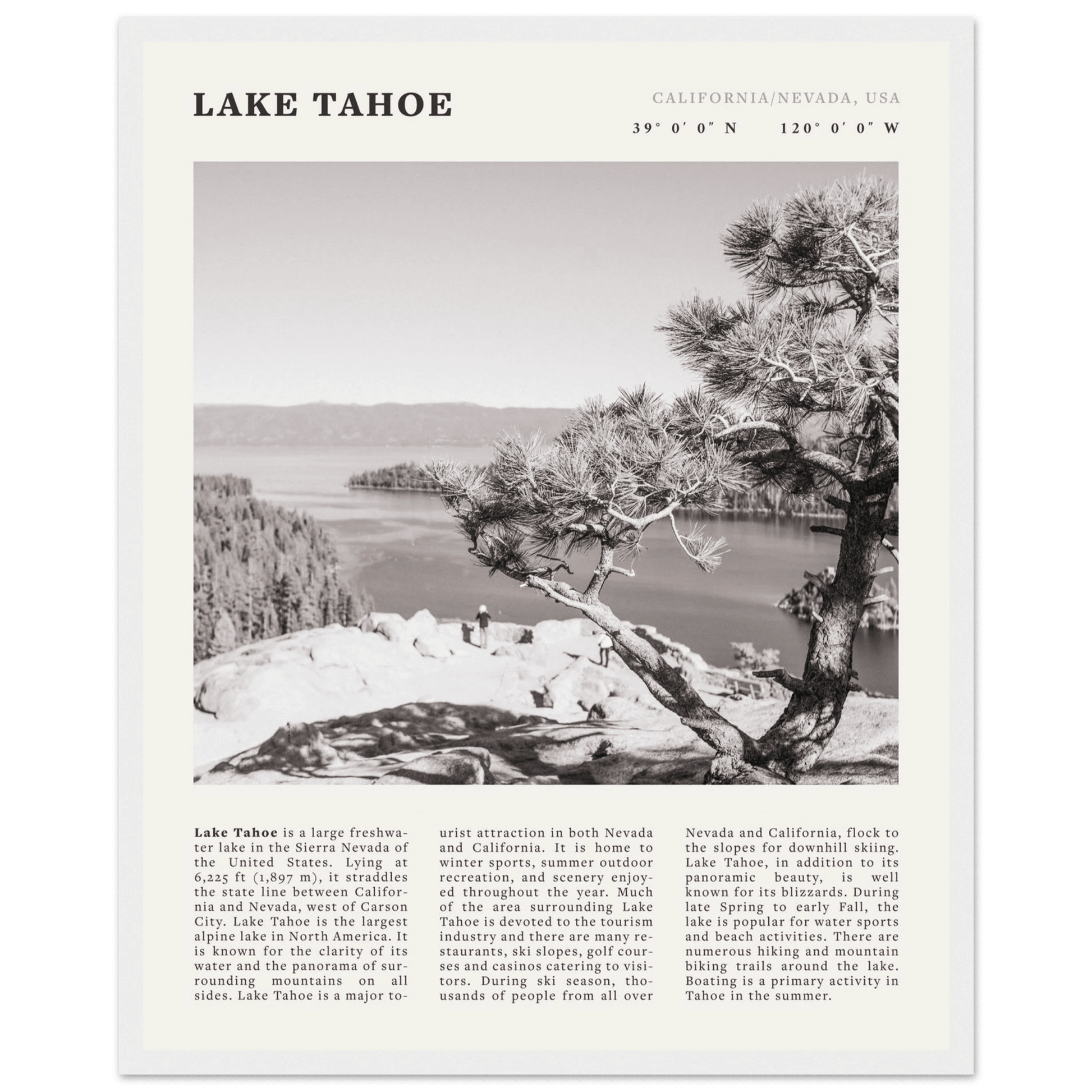 Lake Tahoe Poster | Black & White California Nevada Wall Art | Nature Travel Print Decor - Evergreen Posters