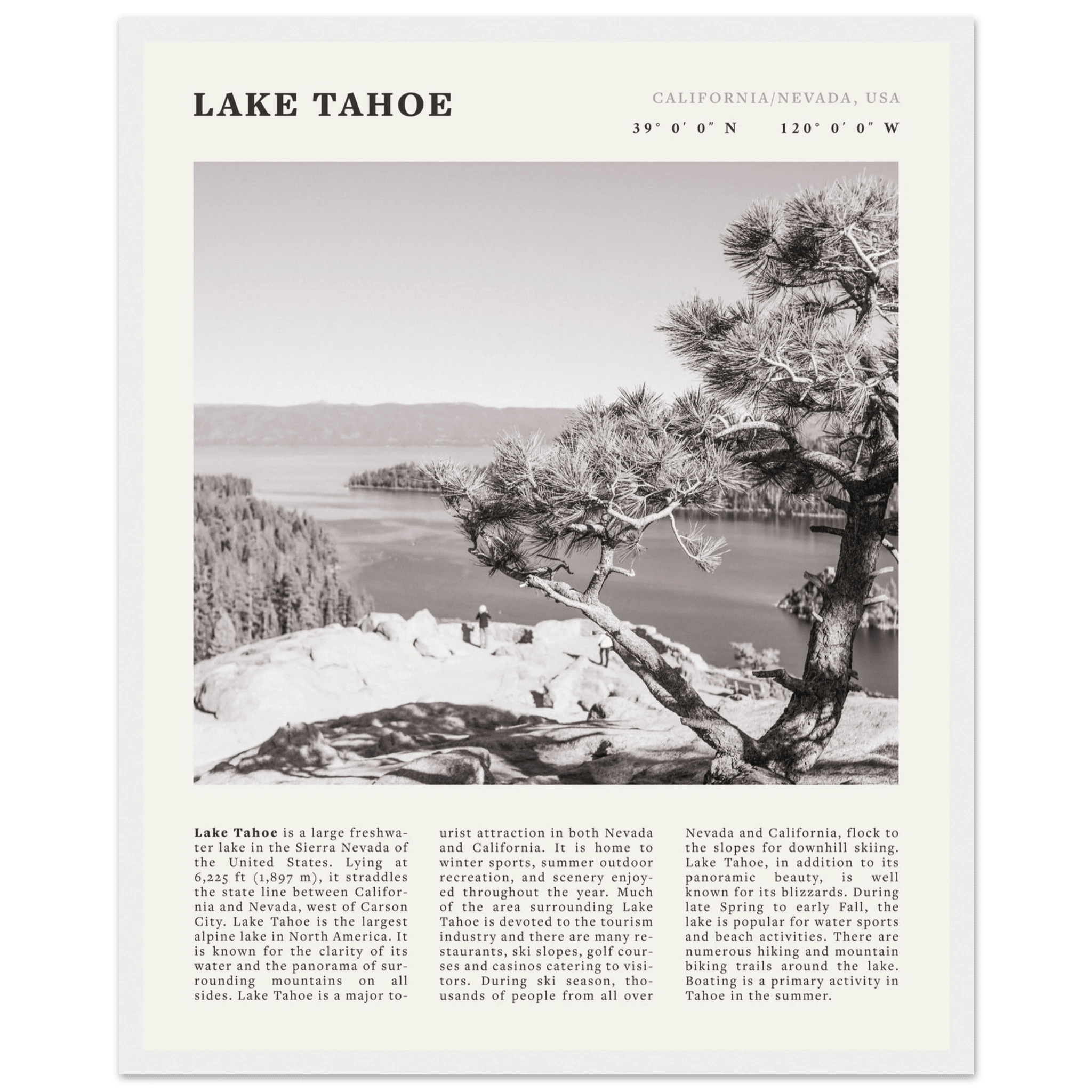 Lake Tahoe Poster | Black & White California Nevada Wall Art | Nature Travel Print Decor - Evergreen Posters