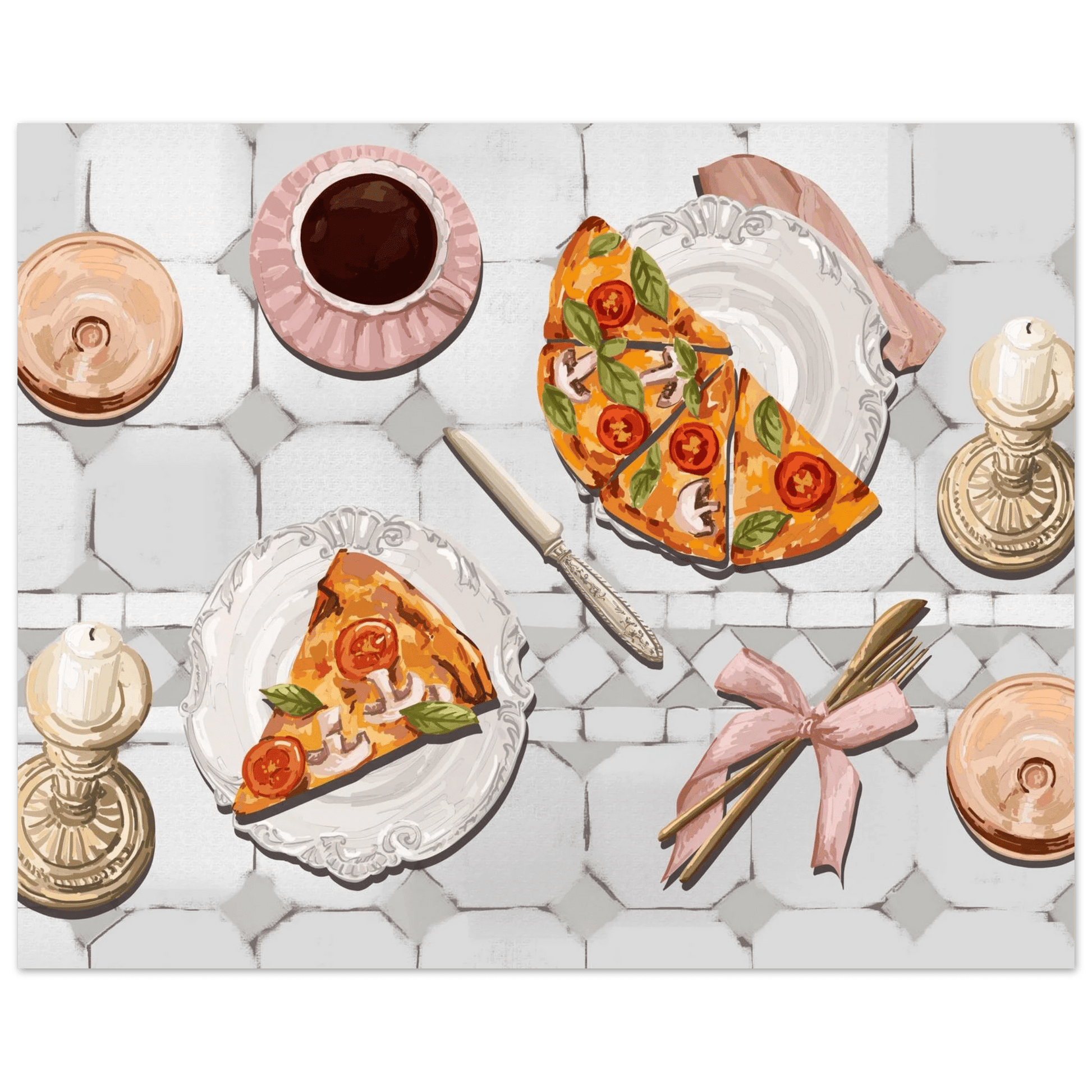 Pizza & Tea Kitchen Poster | Horizontal Food Wall Art | Italian Dining Room Print - Evergreen Posters