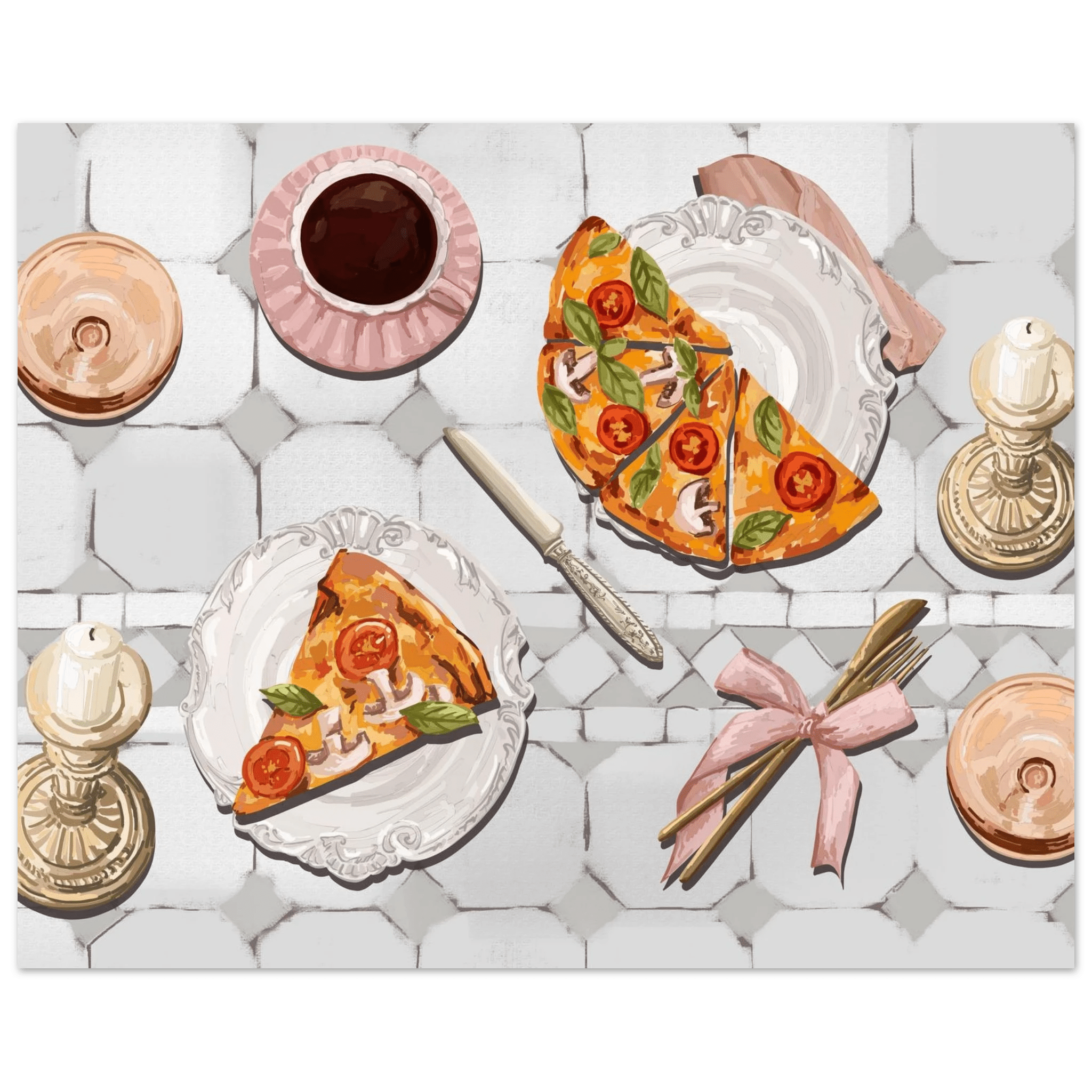 Pizza & Tea Kitchen Poster | Horizontal Food Wall Art | Italian Dining Room Print - Evergreen Posters