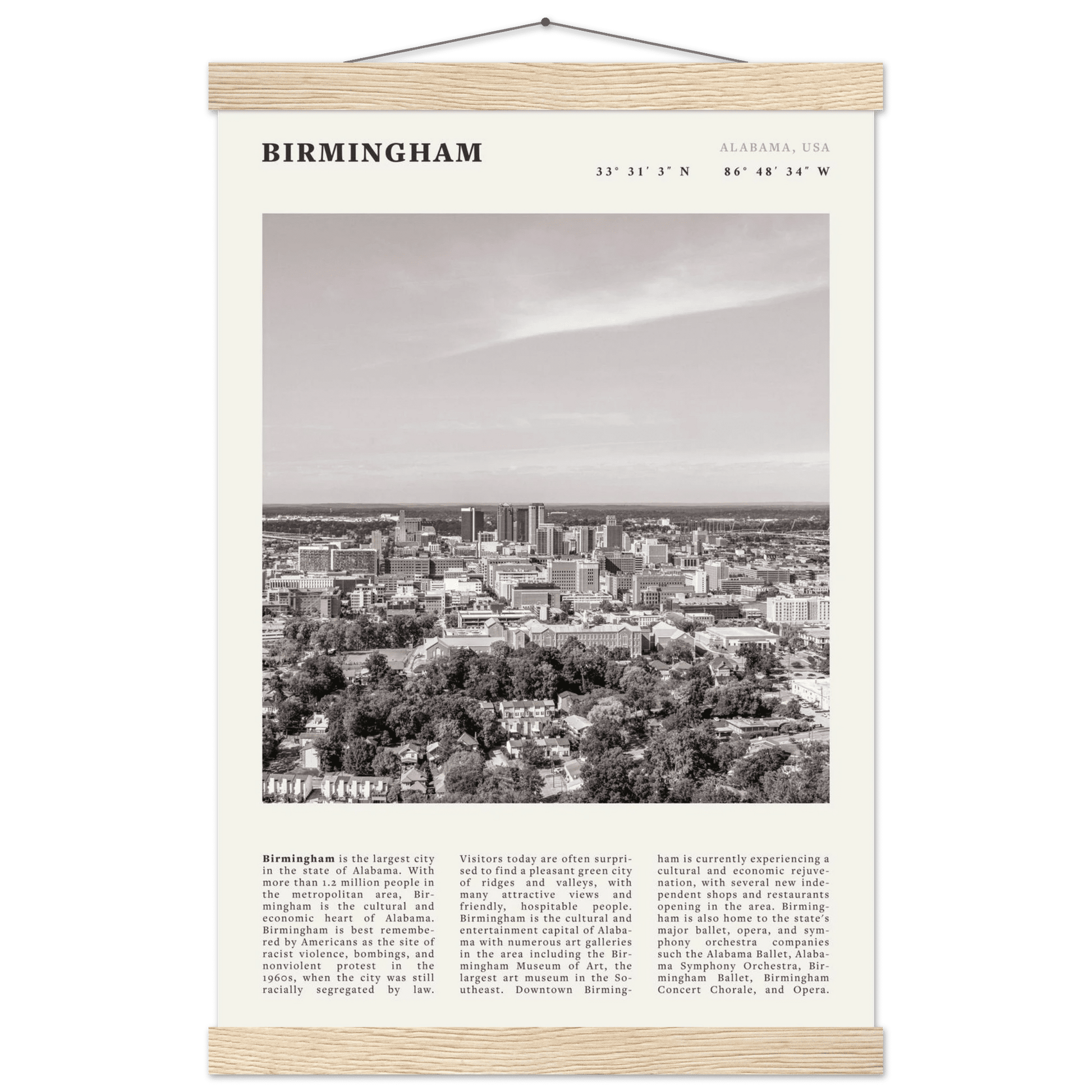 Birmingham Poster | Black & White Alabama Skyline Wall Art | AL Travel Print - Evergreen Posters
