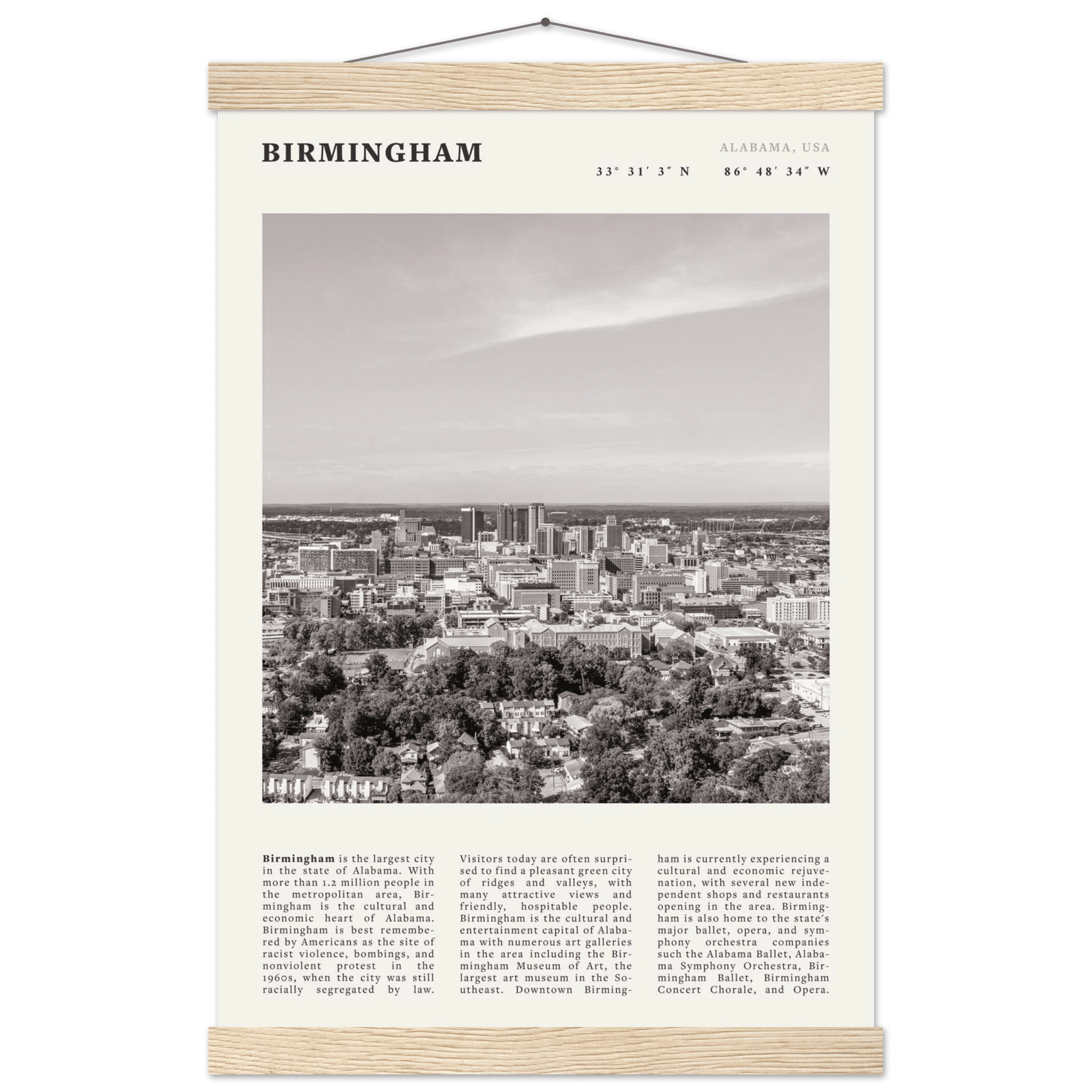 Birmingham Poster | Black & White Alabama Skyline Wall Art | AL Travel Print - Evergreen Posters