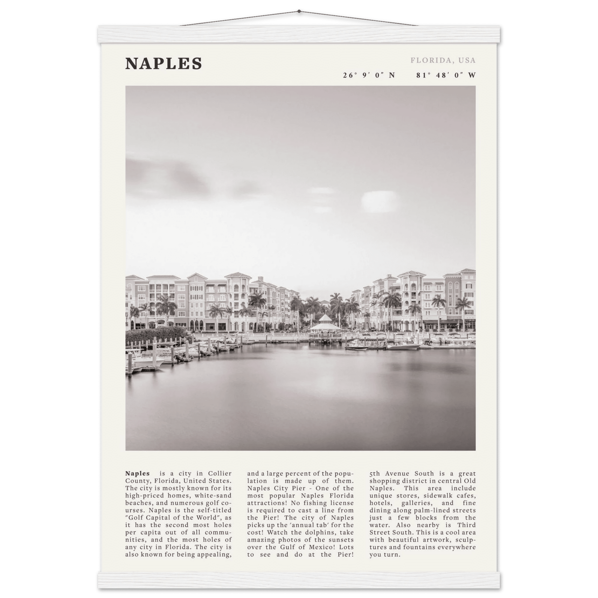 Naples Florida Poster | Black & White Gulf Coast Wall Art | FL Travel Print - Evergreen Posters
