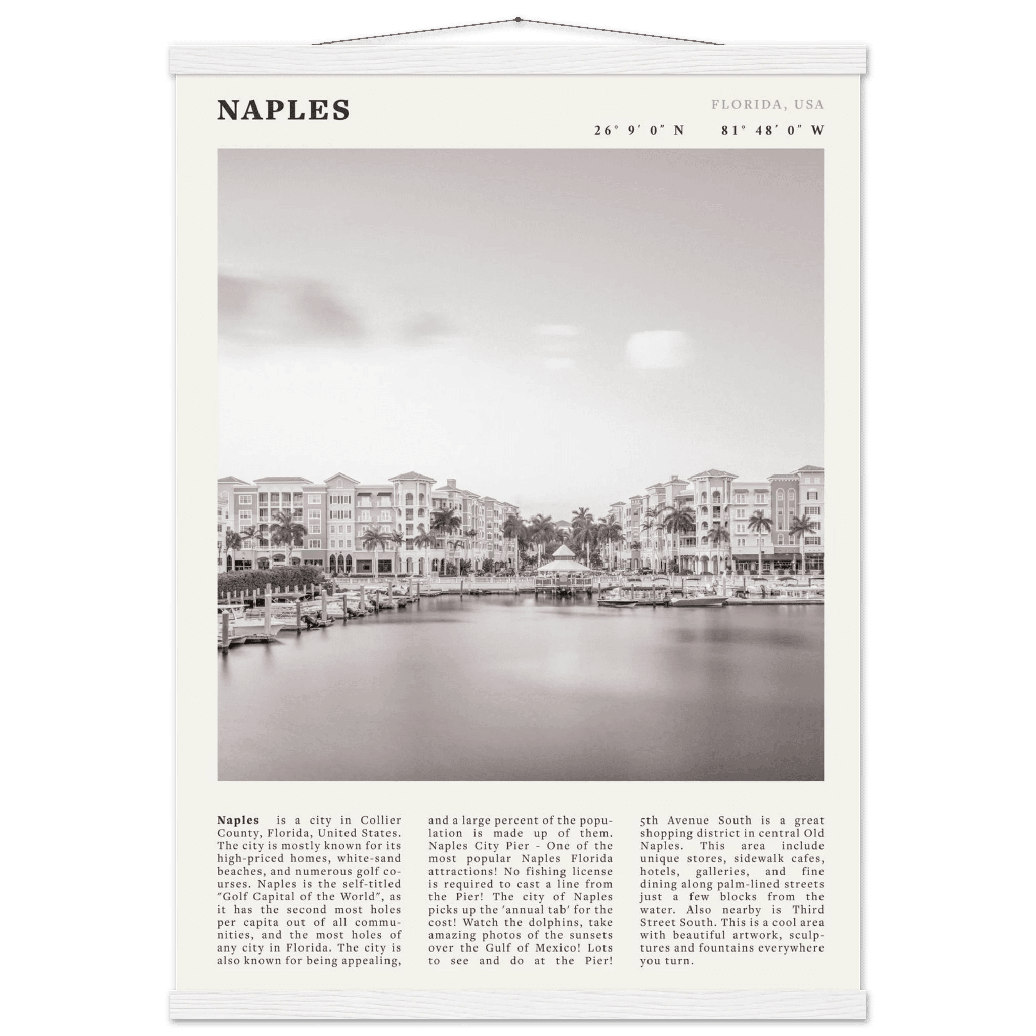 Naples Florida Poster | Black & White Gulf Coast Wall Art | FL Travel Print - Evergreen Posters