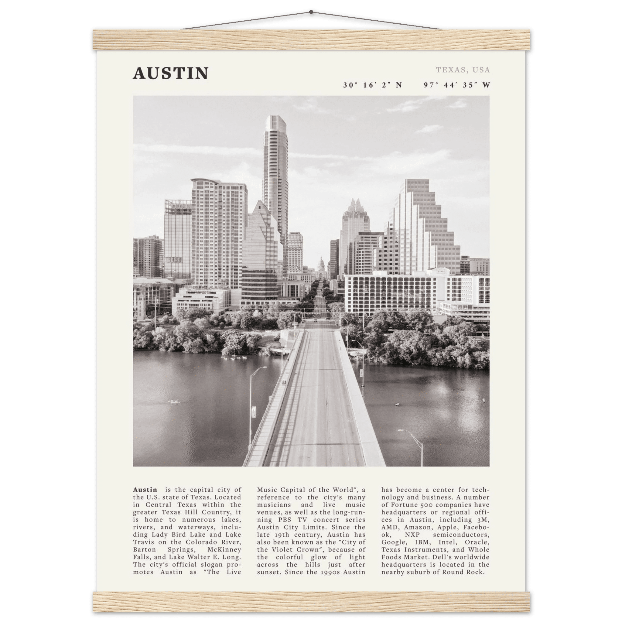 Austin Poster | Black & White Texas Skyline Wall Art | City Travel Print Decor - Evergreen Posters