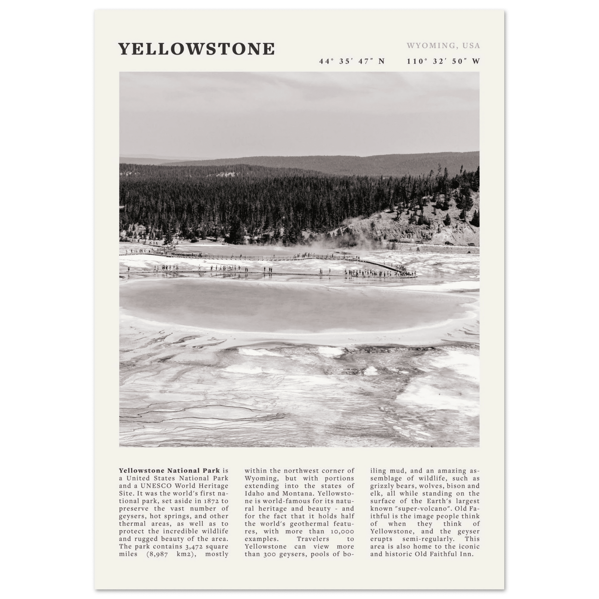 Yellowstone Poster | Black & White Grand Prismatic Spring Wall Art | WY Print - Evergreen Posters