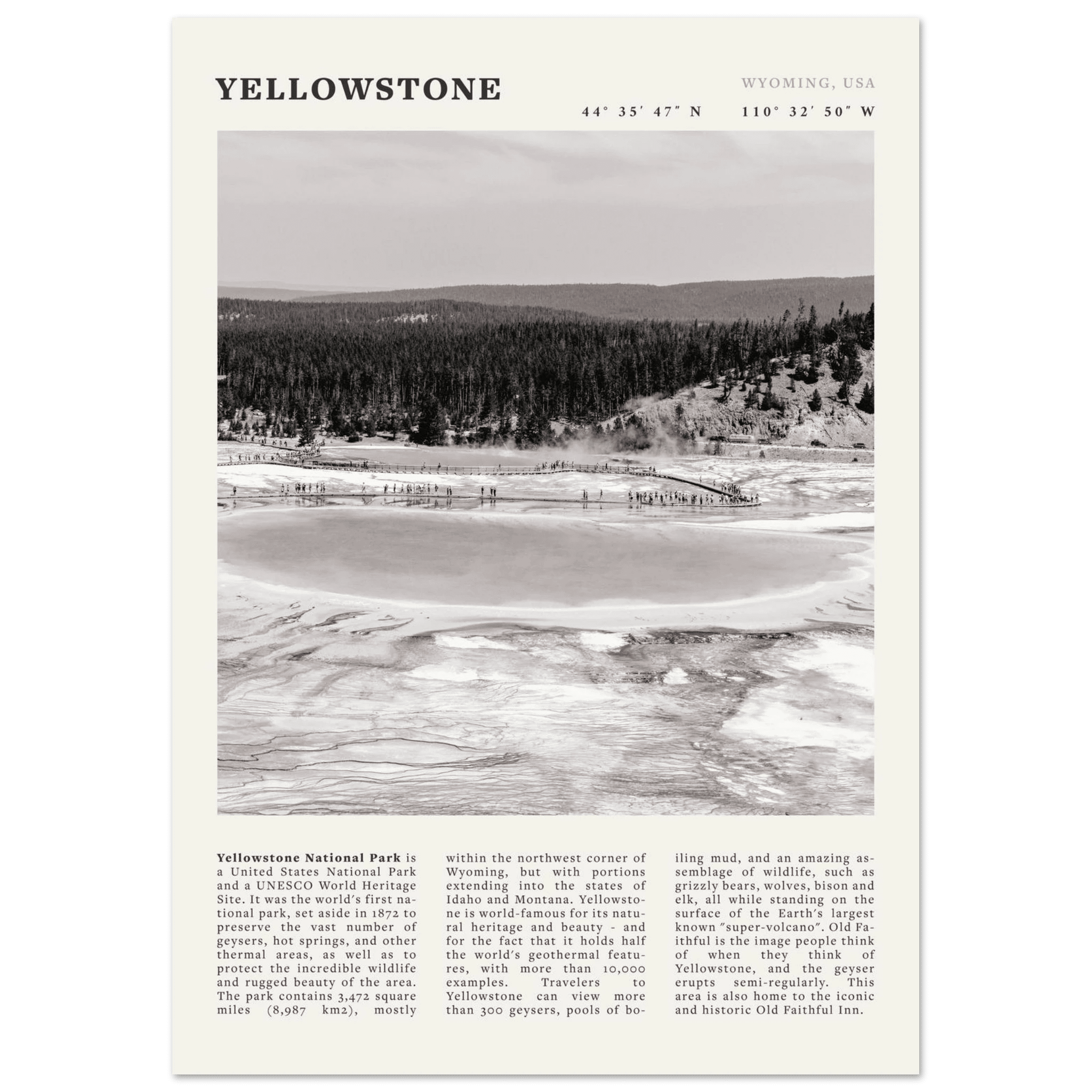 Yellowstone Poster | Black & White Grand Prismatic Spring Wall Art | WY Print - Evergreen Posters