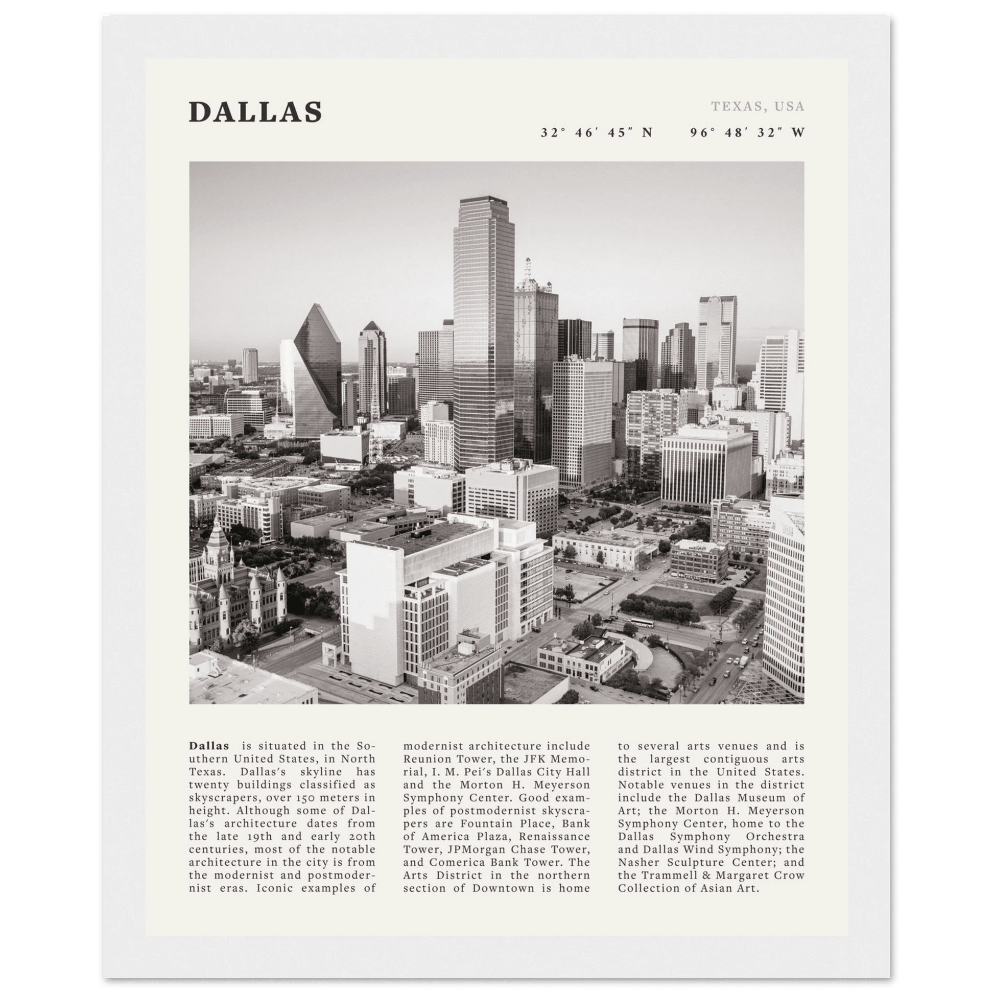 Dallas Poster | Black & White Texas Skyline Wall Art | City Travel Print Decor - Evergreen Posters