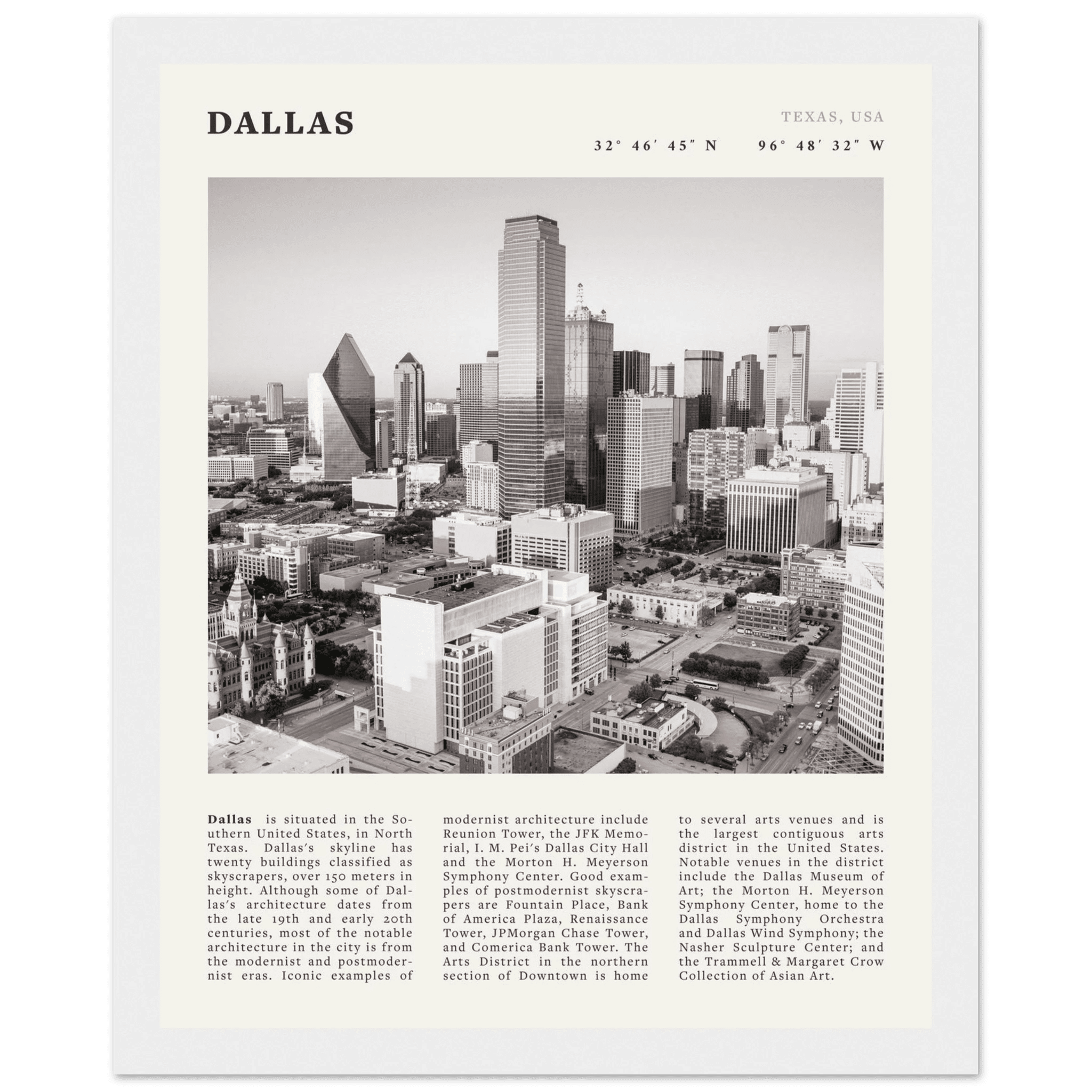 Dallas Poster | Black & White Texas Skyline Wall Art | City Travel Print Decor - Evergreen Posters