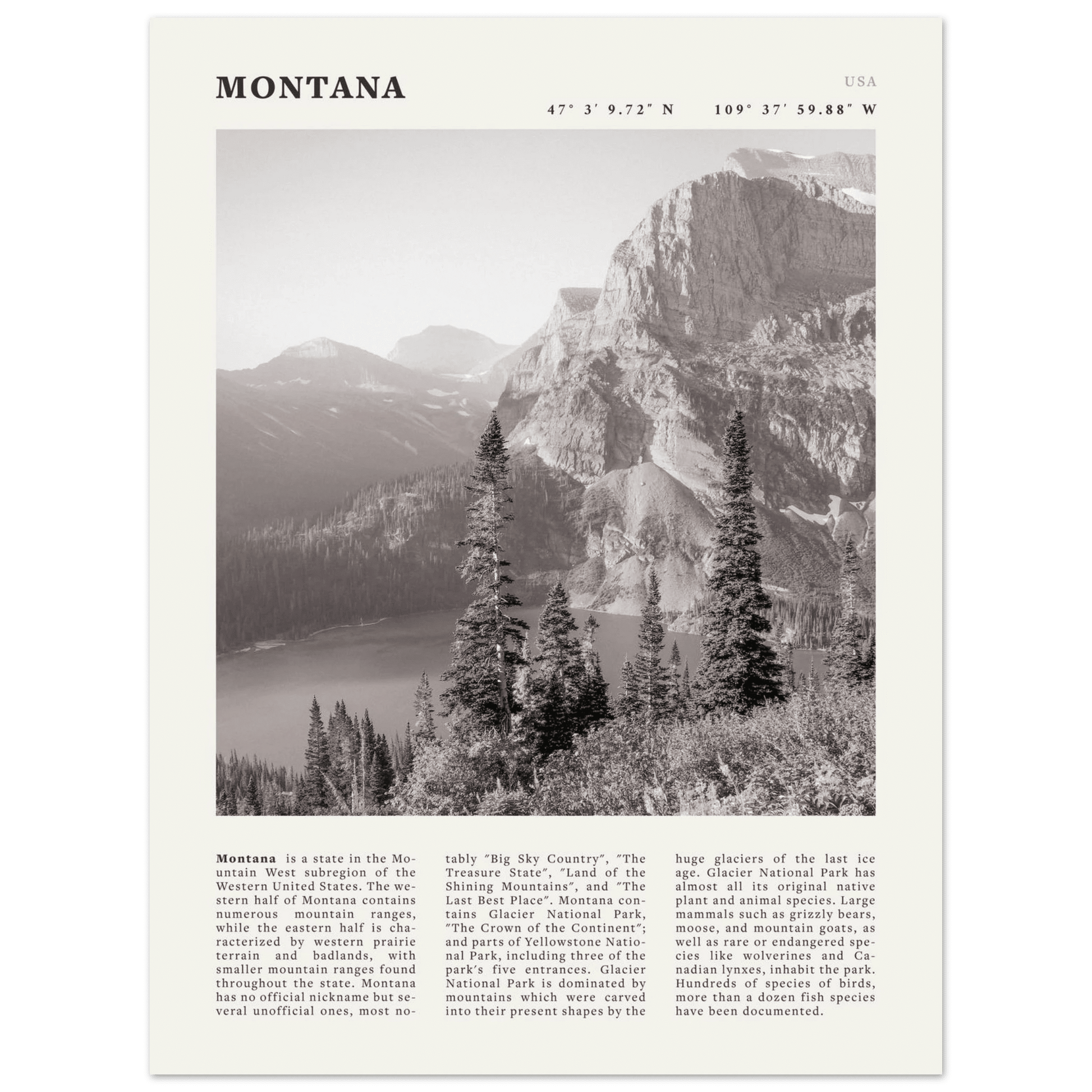 Montana Poster | Black & White Glacier National Park Wall Art | Nature Travel Print - Evergreen Posters