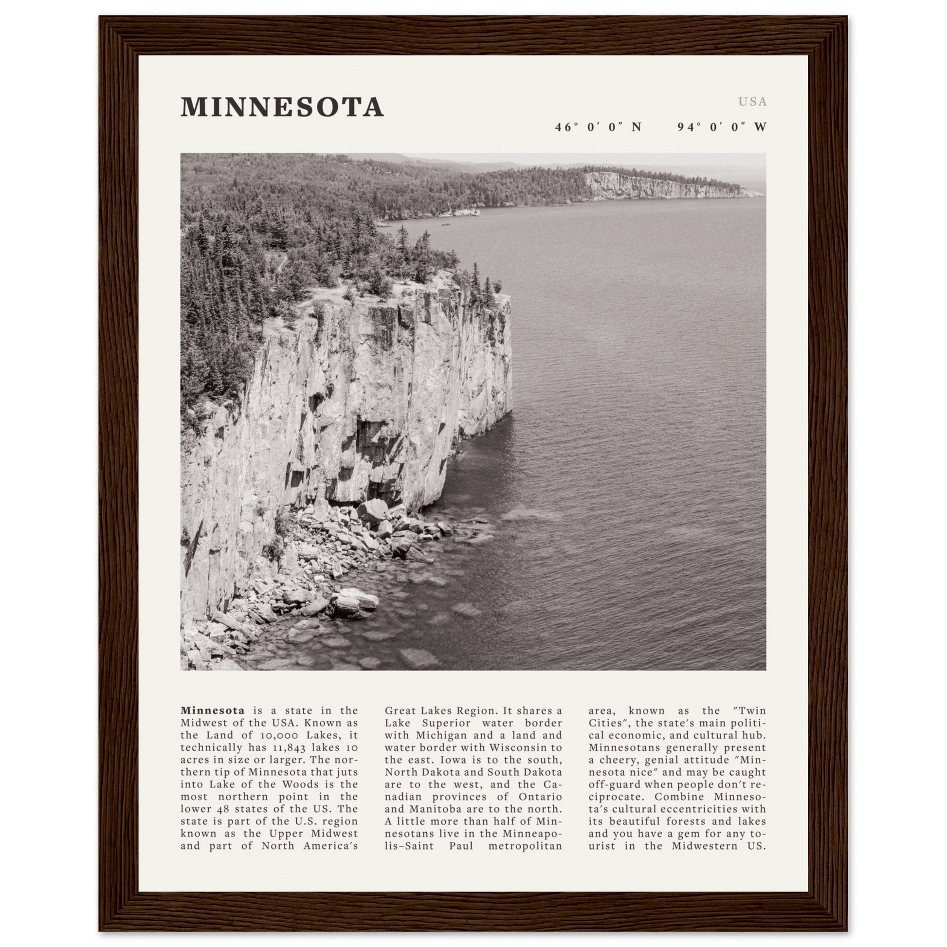 Minnesota Poster | Black & White Lake Superior Wall Art | USA Nature Travel Print - Evergreen Posters