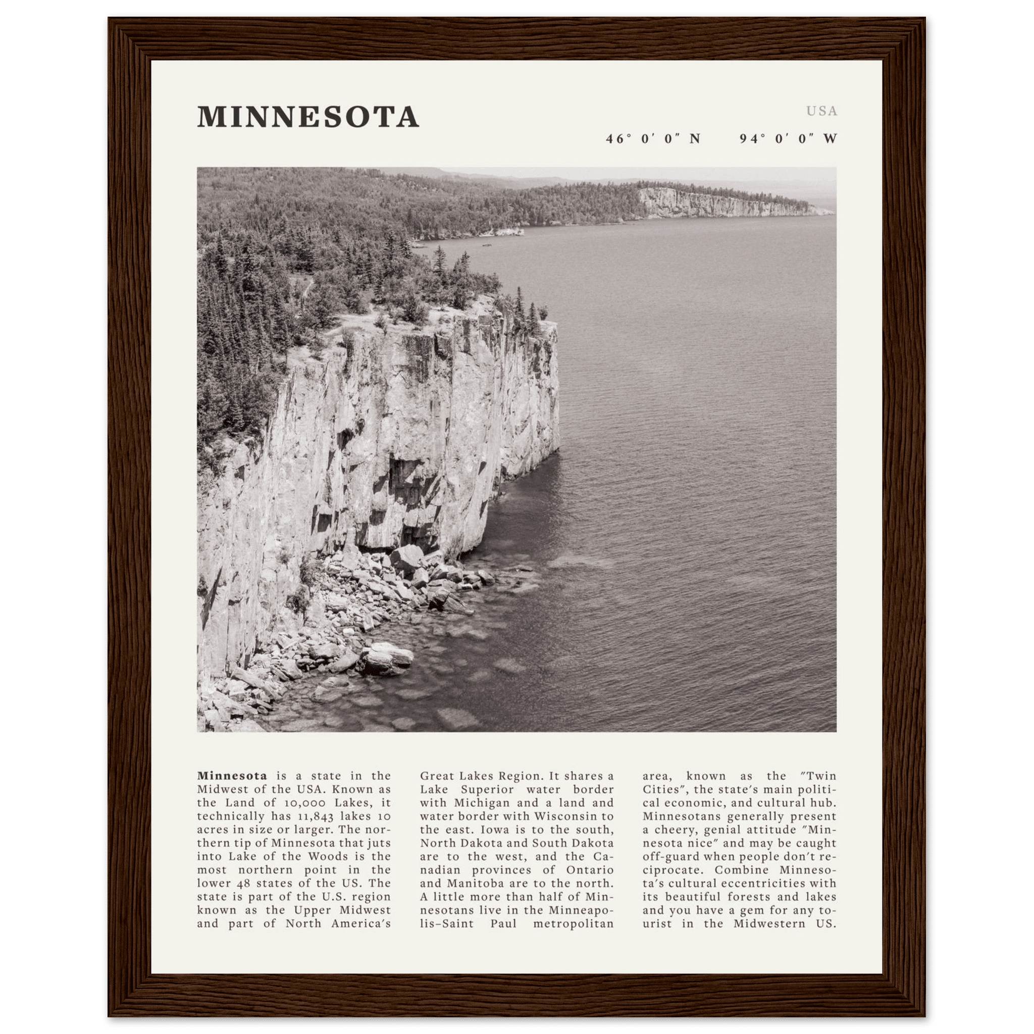 Minnesota Poster | Black & White Lake Superior Wall Art | USA Nature Travel Print - Evergreen Posters
