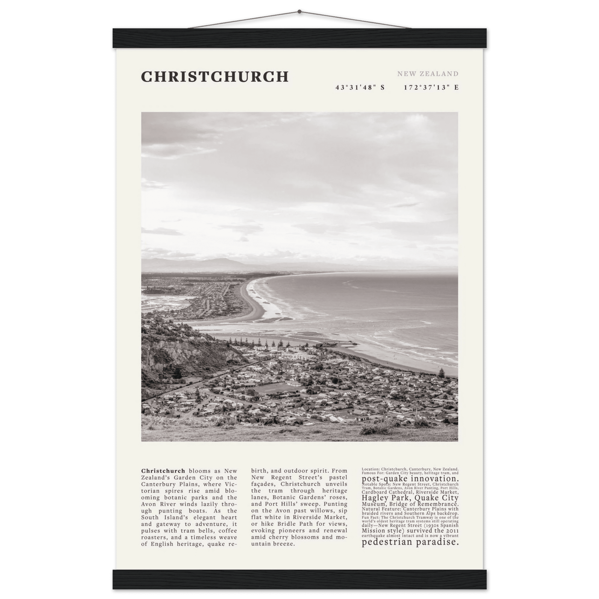Christchurch New Zealand Poster Black and White – Vintage Garden City Panorama Print - Evergreen Posters