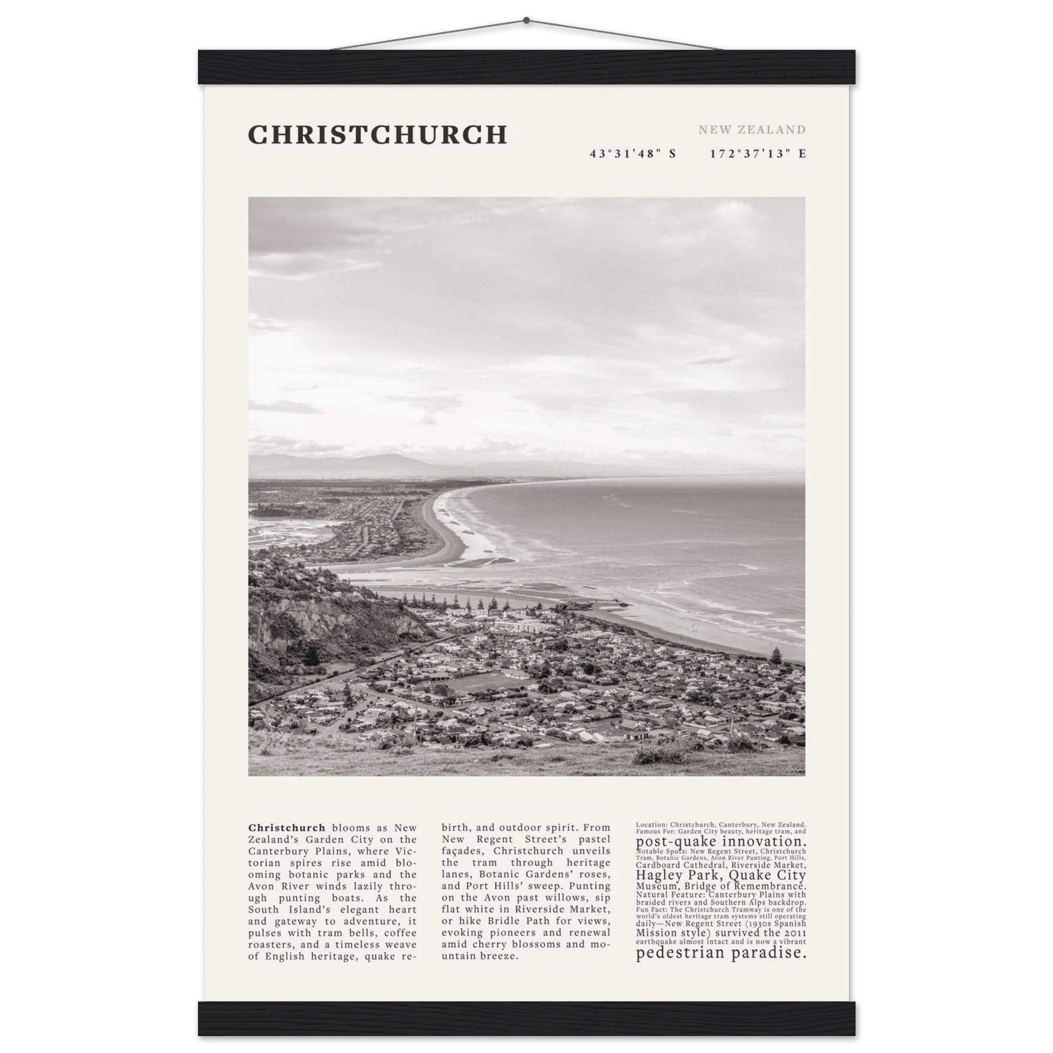 Christchurch New Zealand Poster Black and White – Vintage Garden City Panorama Print - Evergreen Posters