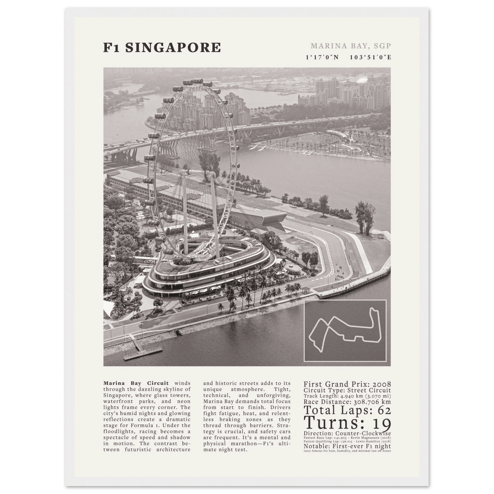 F1 Singapore Poster Black and White – Vintage Marina Bay Night Race Print (Digital & Printed Options) - Evergreen Posters