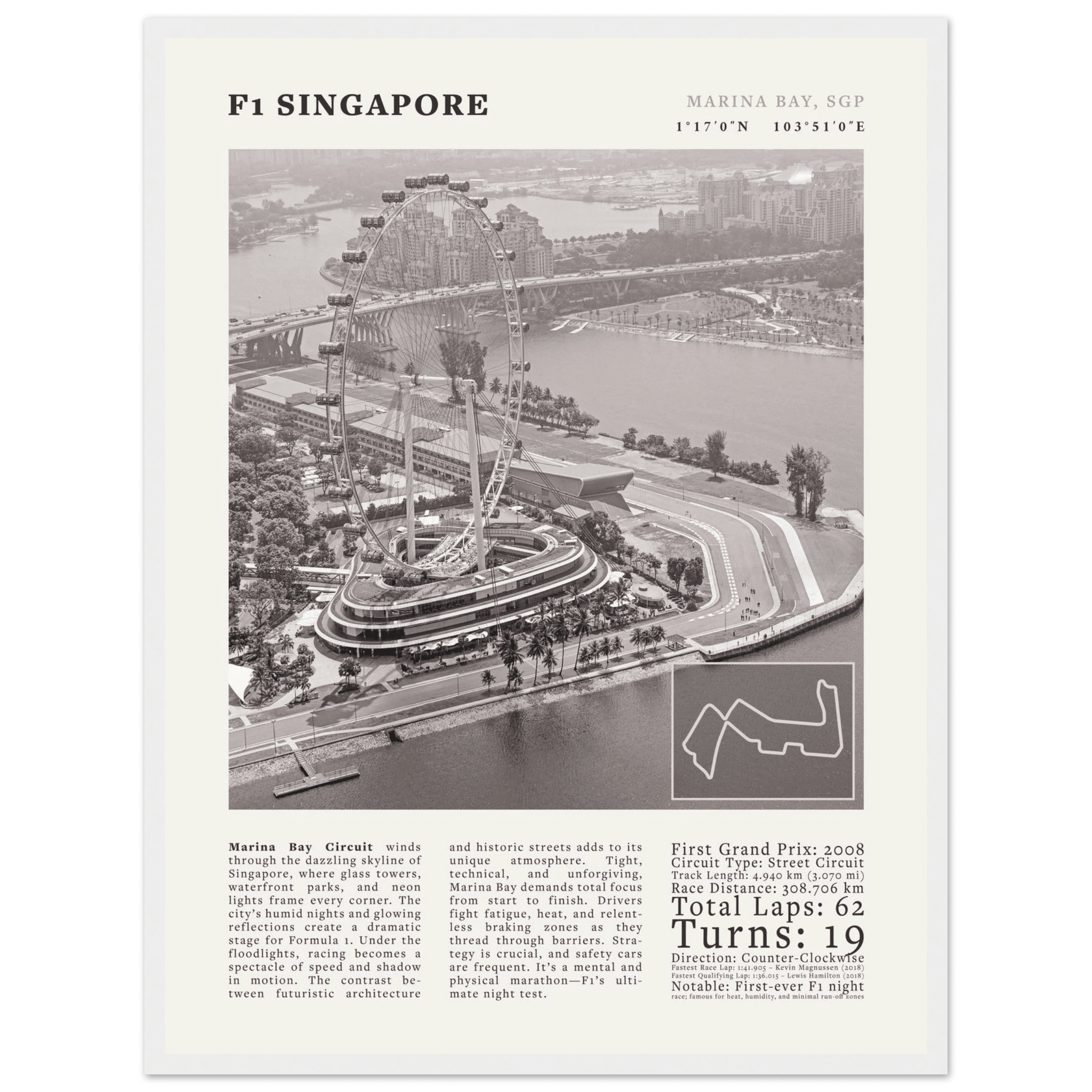 F1 Singapore Poster Black and White – Vintage Marina Bay Night Race Print (Digital & Printed Options) - Evergreen Posters