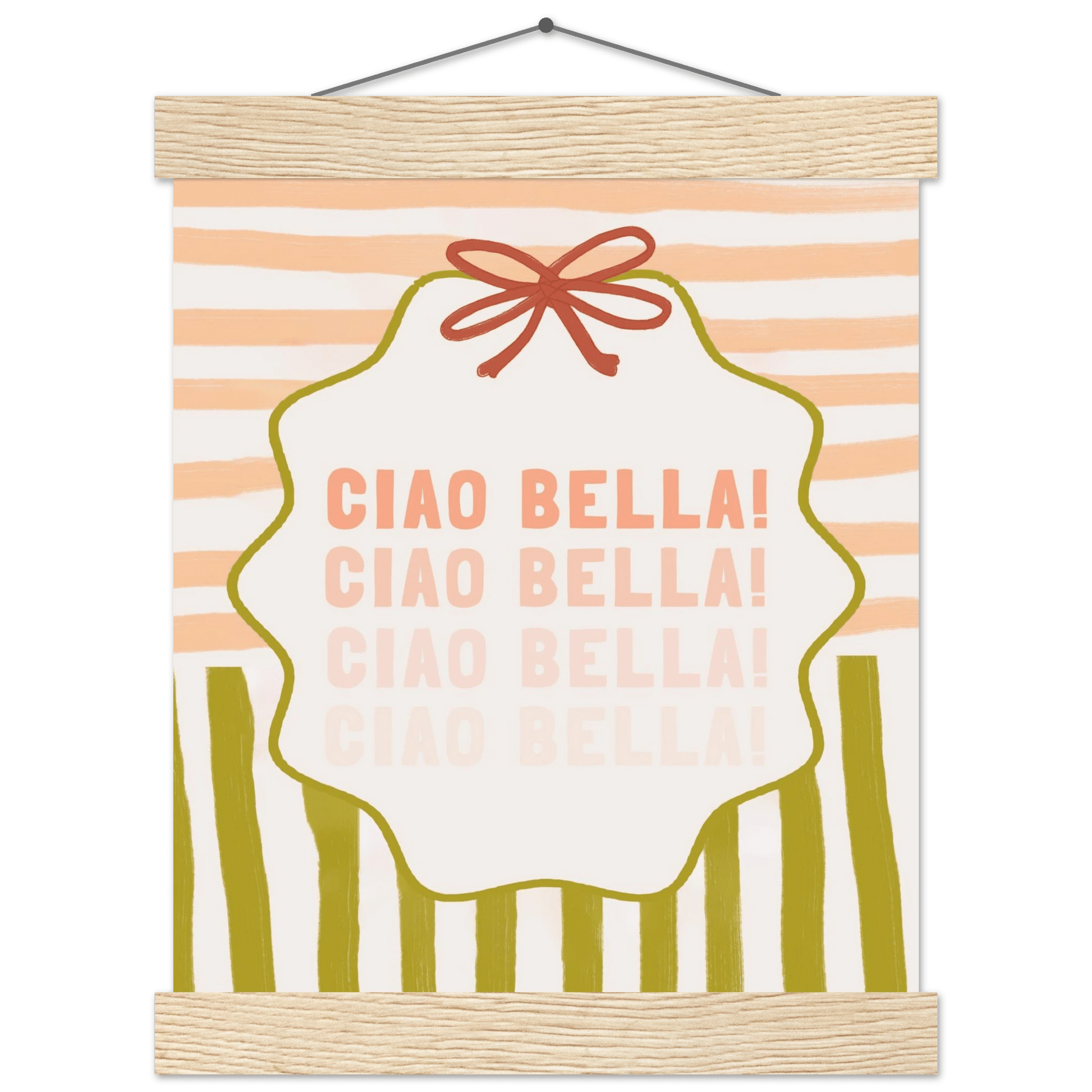 Ciao Bella Poster | Italian Typography Wall Art | Retro Stripe Bow Print | Cute Room Decor - Evergreen Posters