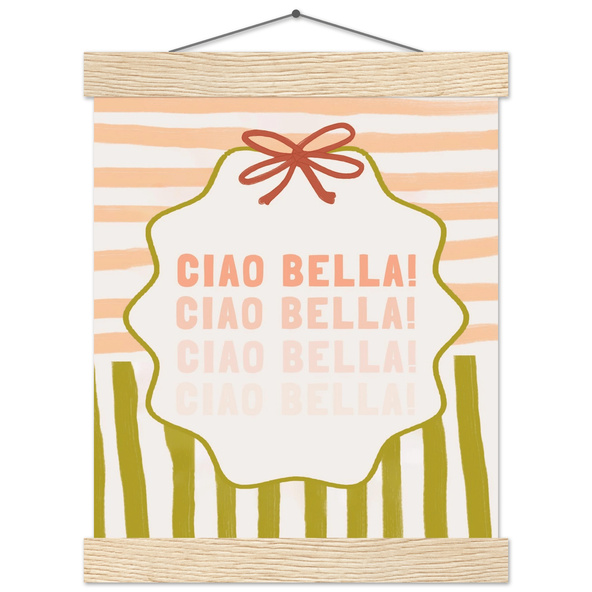 Ciao Bella Poster | Italian Typography Wall Art | Retro Stripe Bow Print | Cute Room Decor - Evergreen Posters