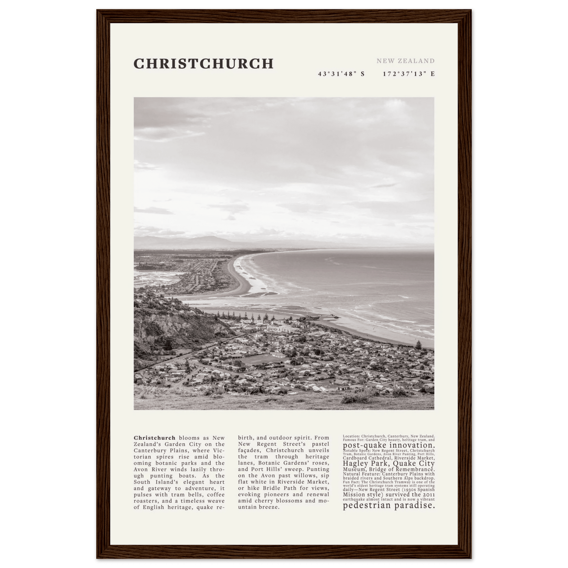 Christchurch New Zealand Poster Black and White – Vintage Garden City Panorama Print - Evergreen Posters
