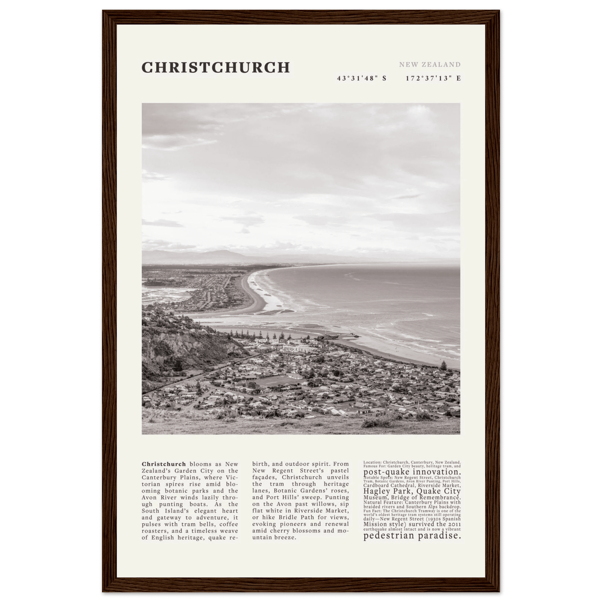 Christchurch New Zealand Poster Black and White – Vintage Garden City Panorama Print - Evergreen Posters