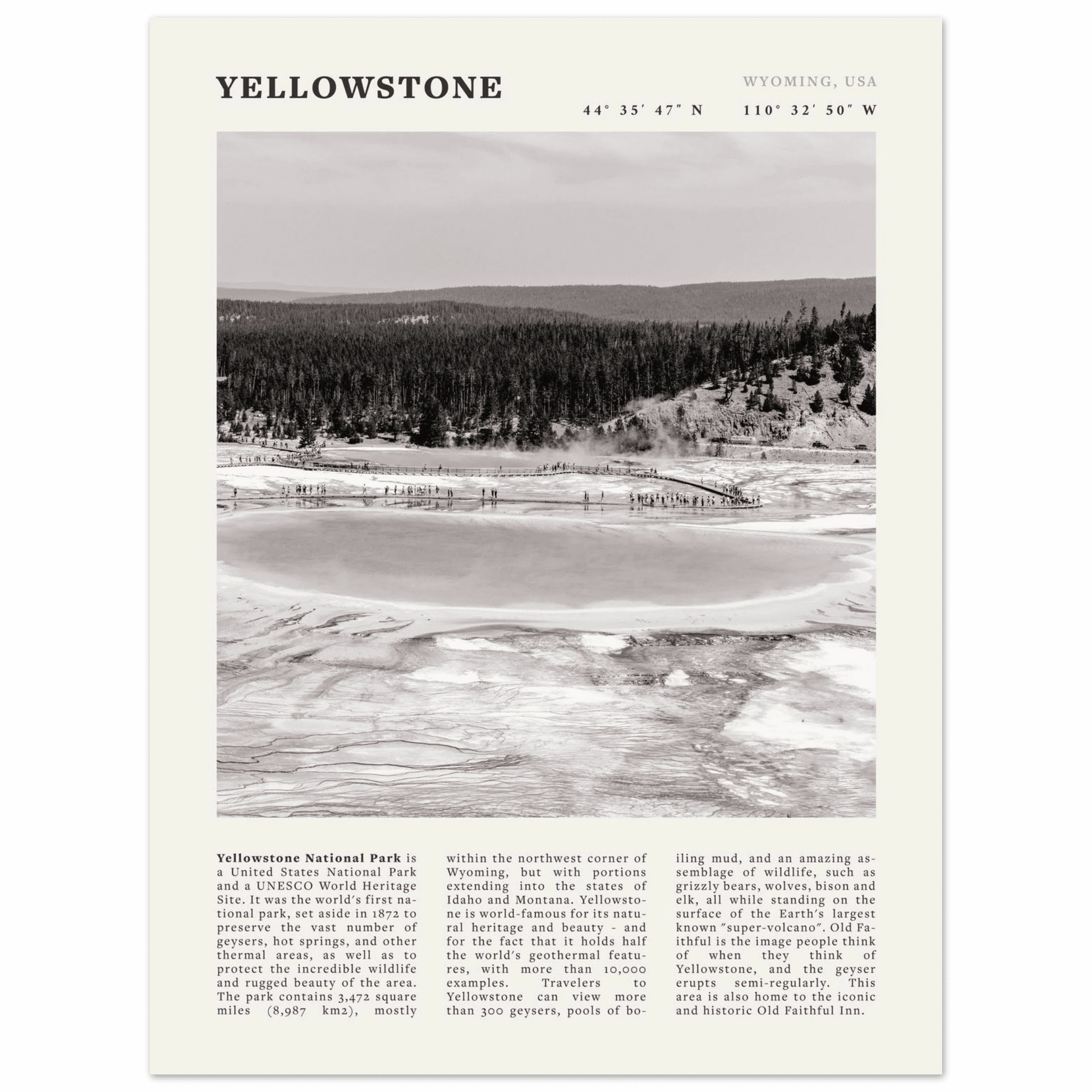 Yellowstone Poster | Black & White Grand Prismatic Spring Wall Art | WY Print - Evergreen Posters