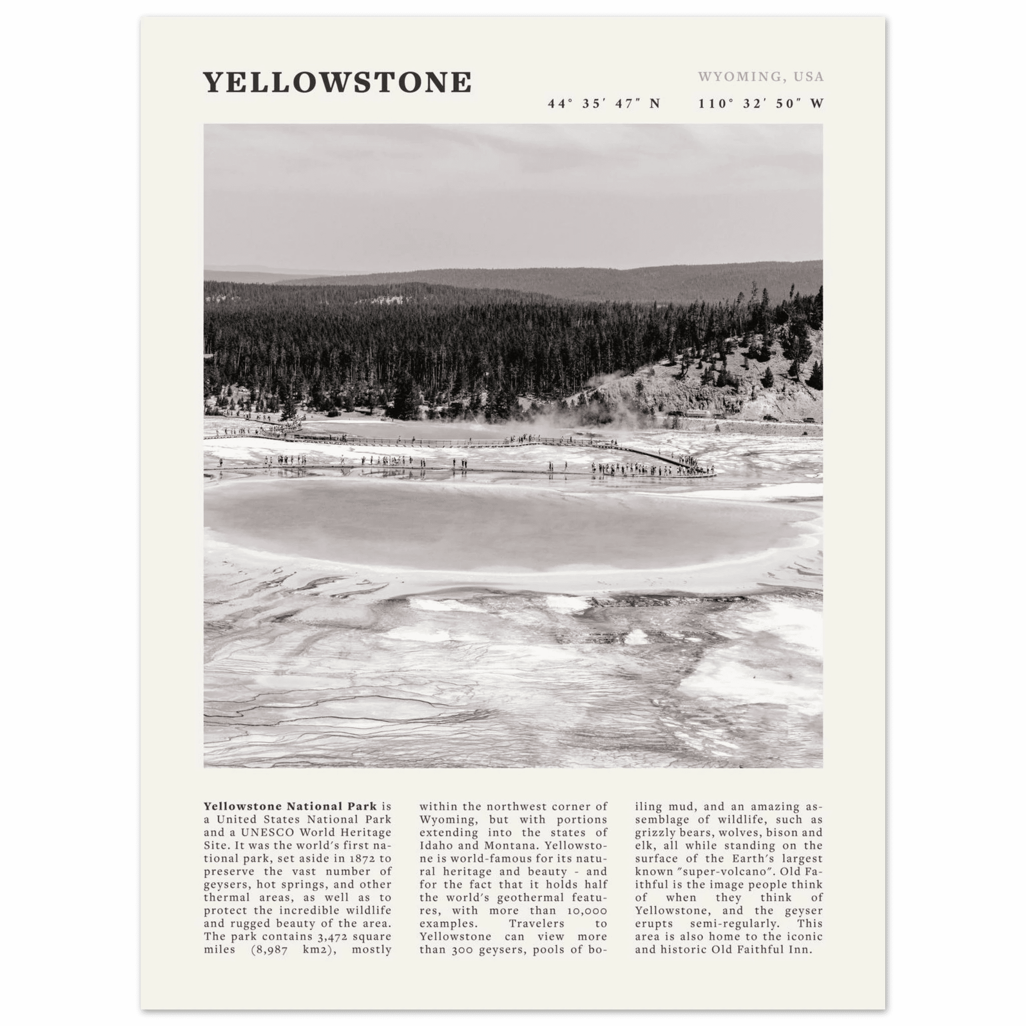 Yellowstone Poster | Black & White Grand Prismatic Spring Wall Art | WY Print - Evergreen Posters