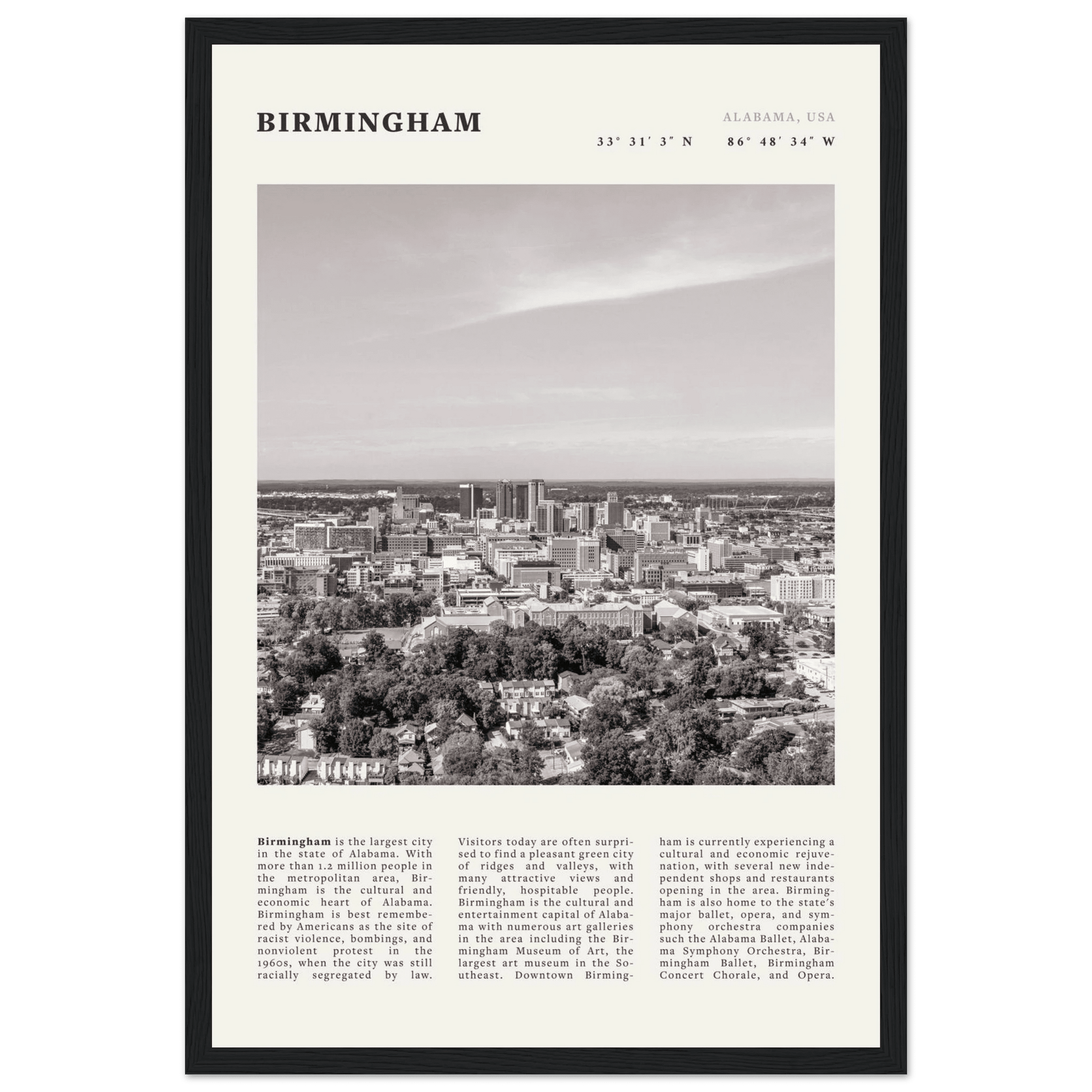Birmingham Poster | Black & White Alabama Skyline Wall Art | AL Travel Print - Evergreen Posters