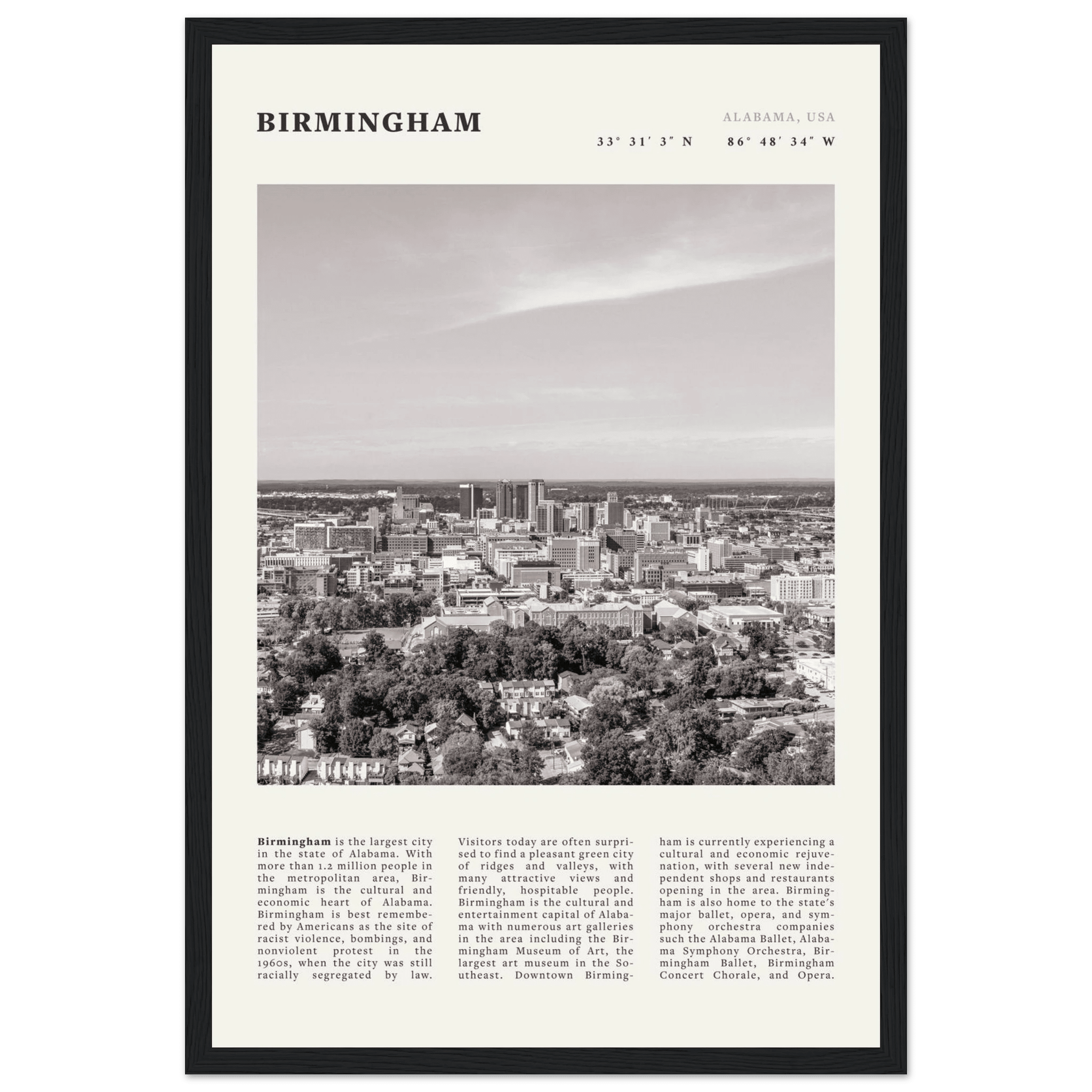 Birmingham Poster | Black & White Alabama Skyline Wall Art | AL Travel Print - Evergreen Posters
