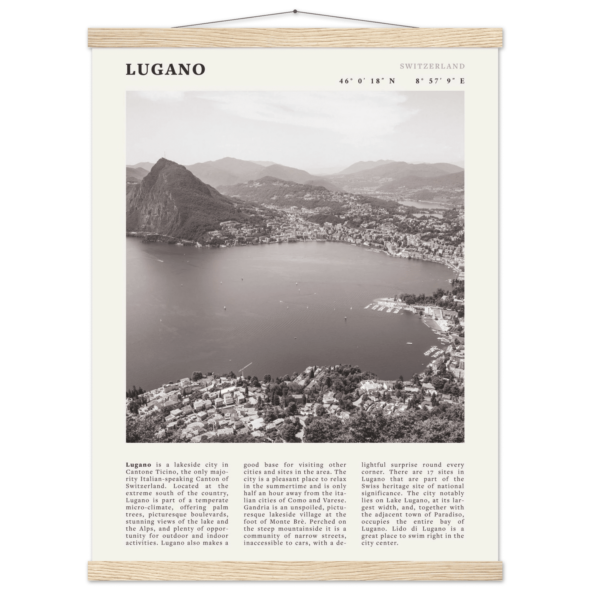 Lugano Poster | Black & White Swiss Lake Wall Art | Switzerland Travel Print - Evergreen Posters