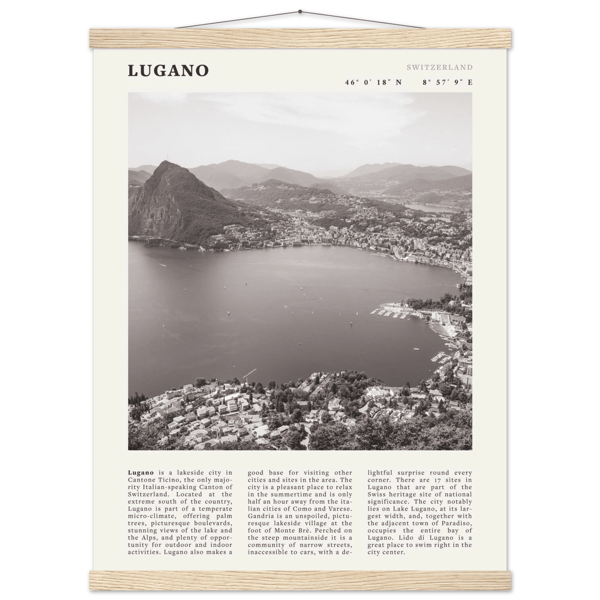 Lugano Poster | Black & White Swiss Lake Wall Art | Switzerland Travel Print - Evergreen Posters