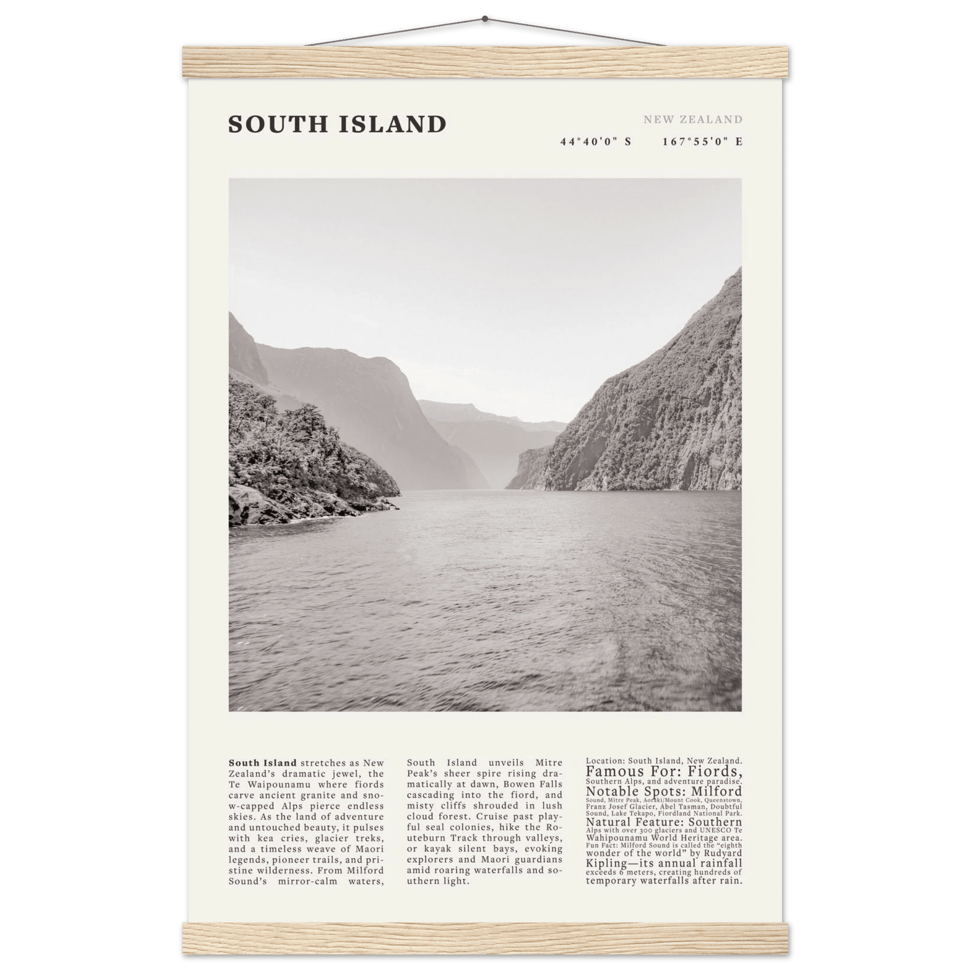South Island New Zealand Poster Black and White – Vintage Milford Sound Fjord Print - Evergreen Posters