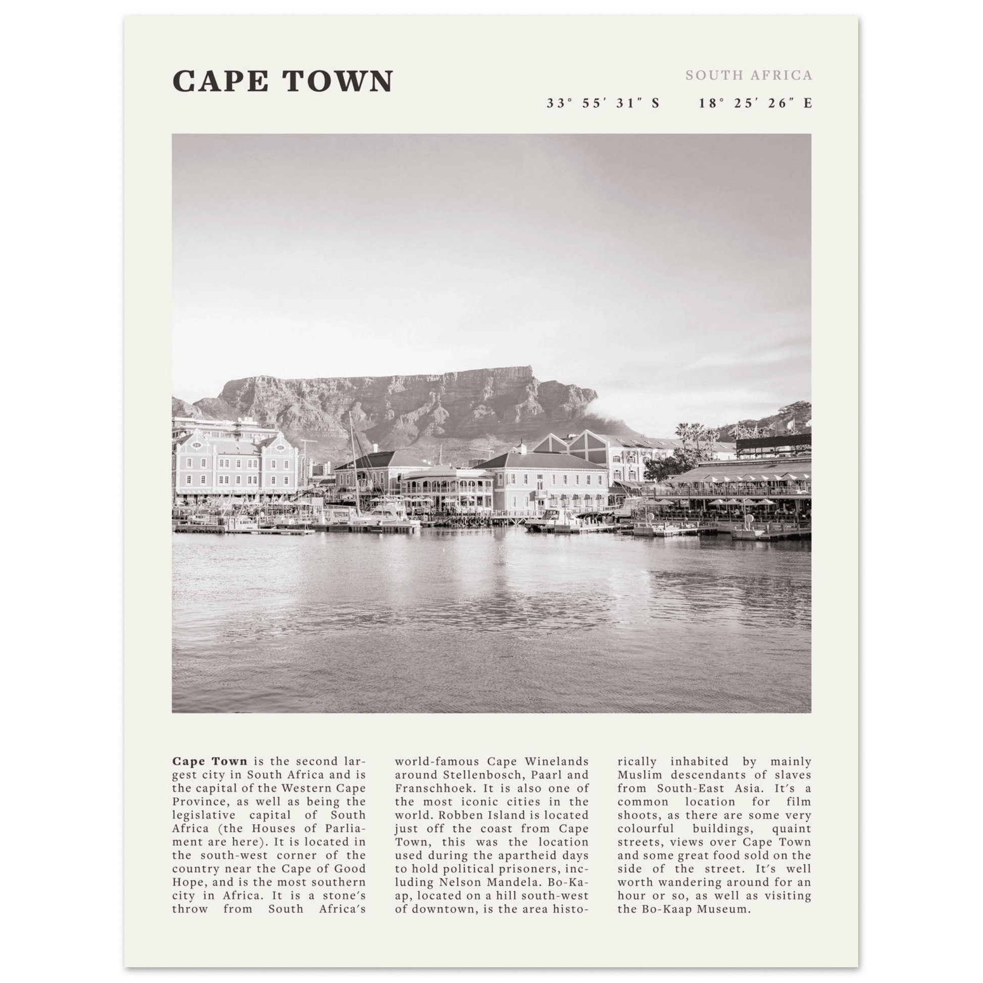 Cape Town Poster | Black & White Table Mountain Wall Art | South Africa Travel Print - Evergreen Posters