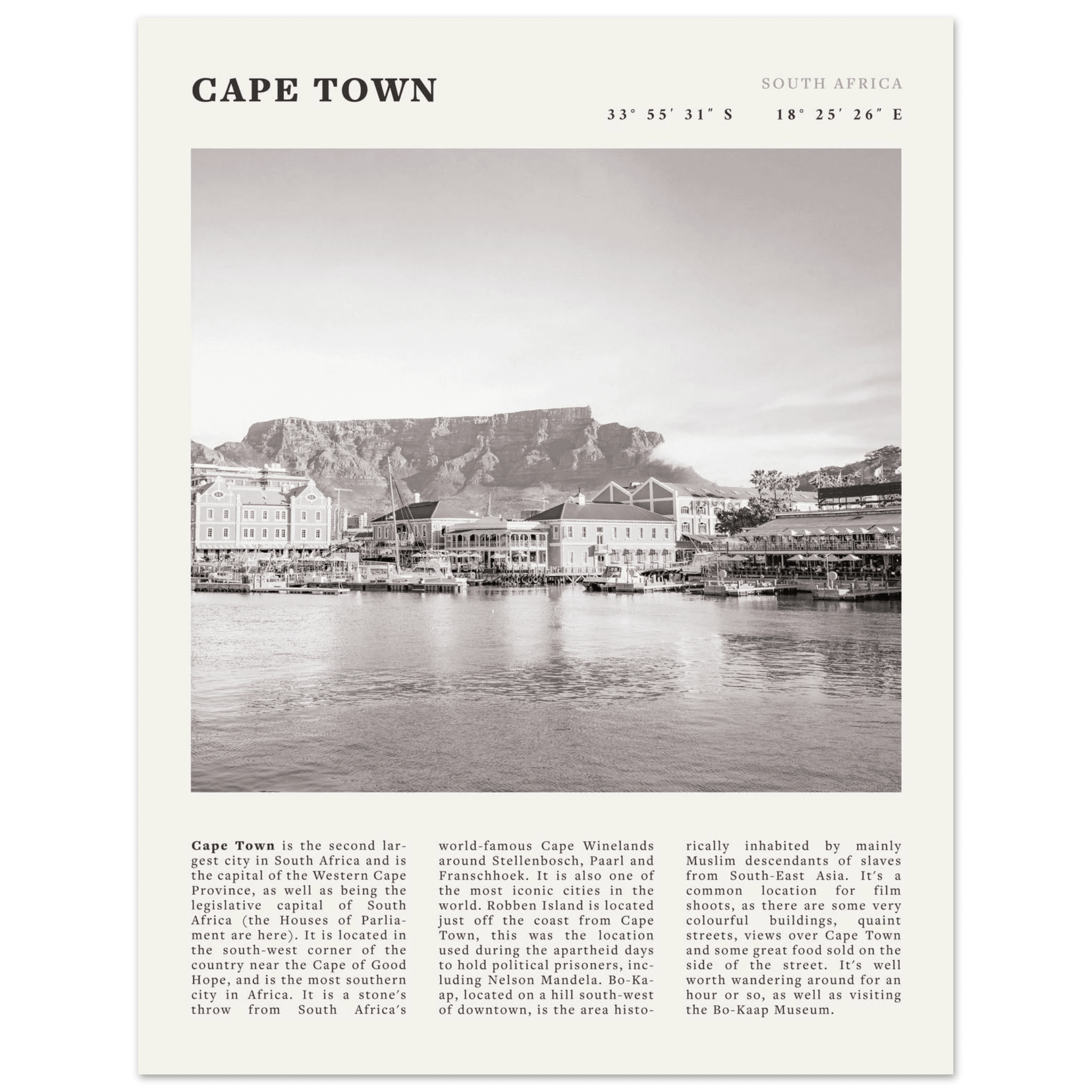 Cape Town Poster | Black & White Table Mountain Wall Art | South Africa Travel Print - Evergreen Posters