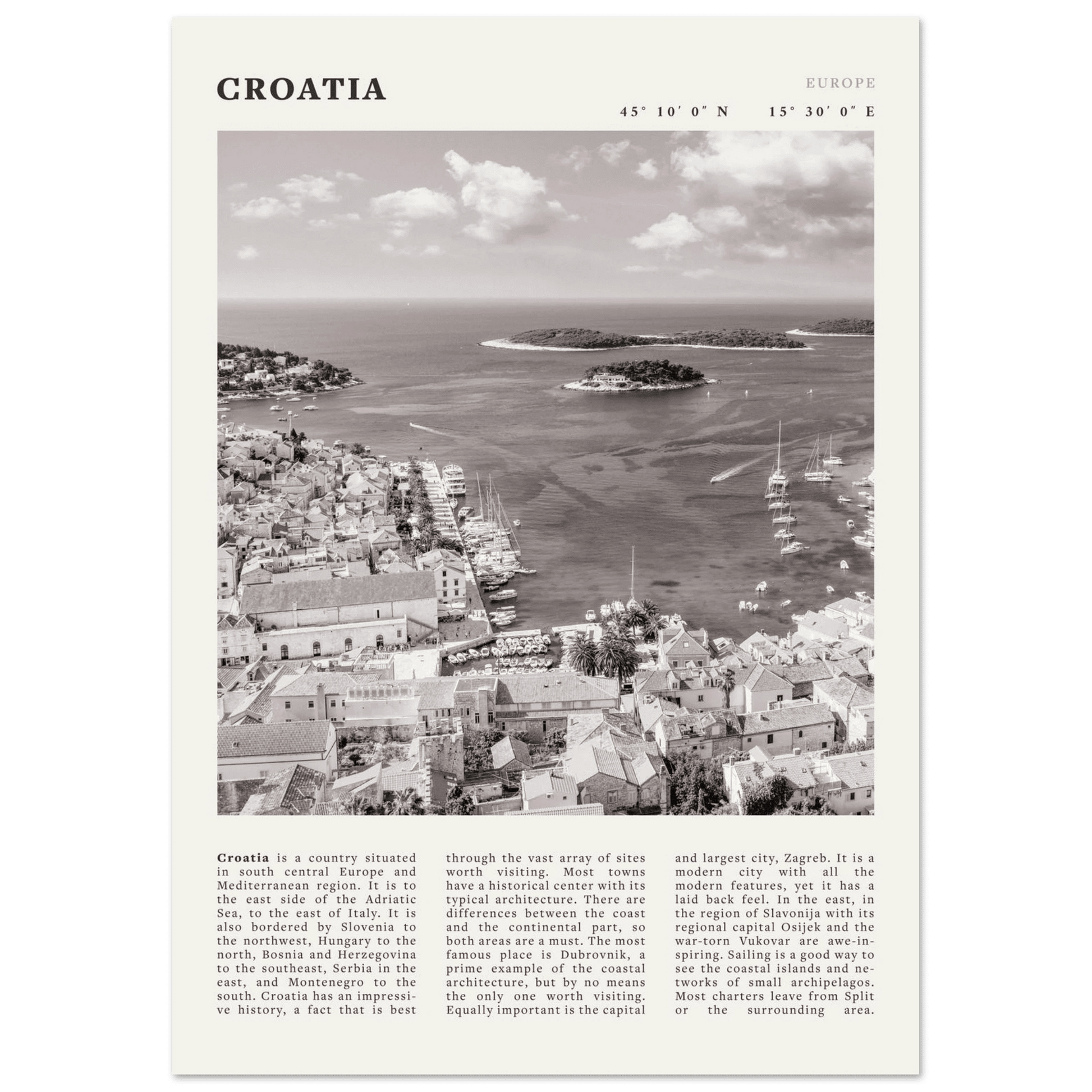Croatia Poster | Black & White Hvar Island Wall Art | Adriatic Travel Print Decor - Evergreen Posters