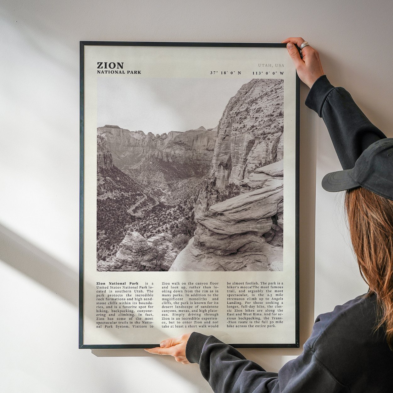 Zion National Park Poster | Black & White Utah Canyon Wall Art | USA Travel Print - Evergreen Posters
