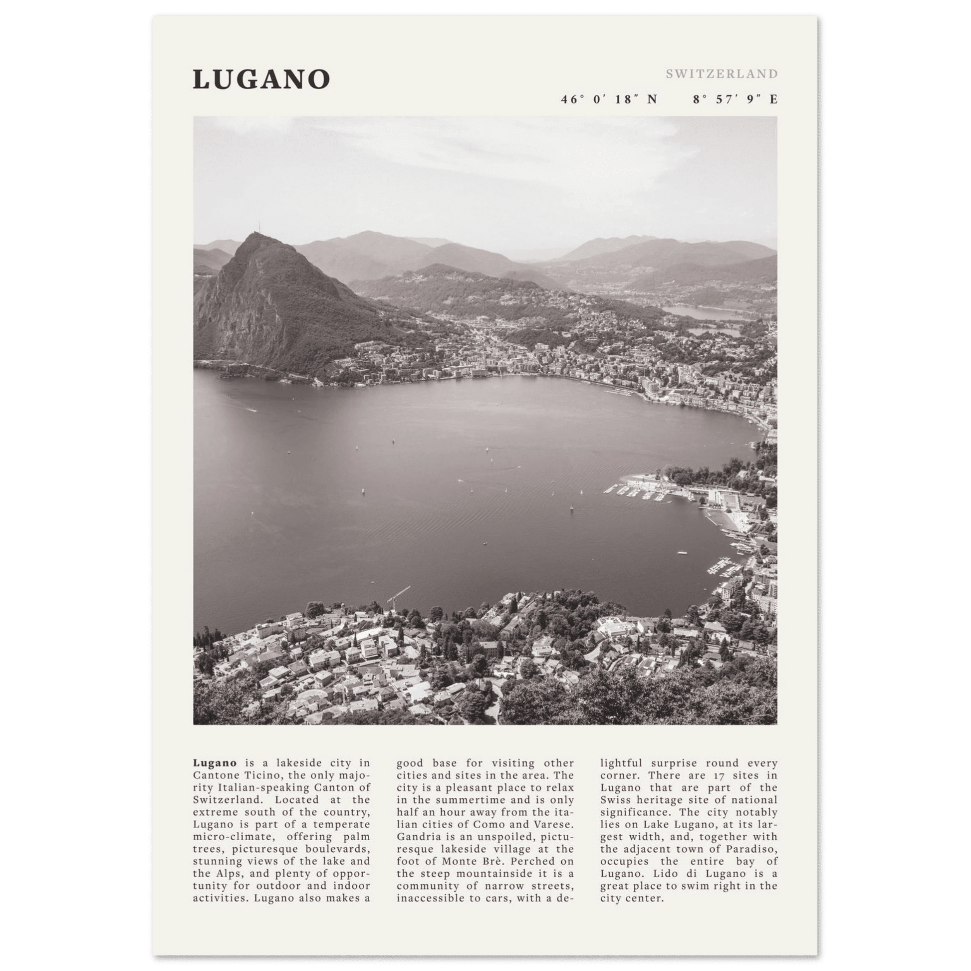 Lugano Poster | Black & White Swiss Lake Wall Art | Switzerland Travel Print - Evergreen Posters