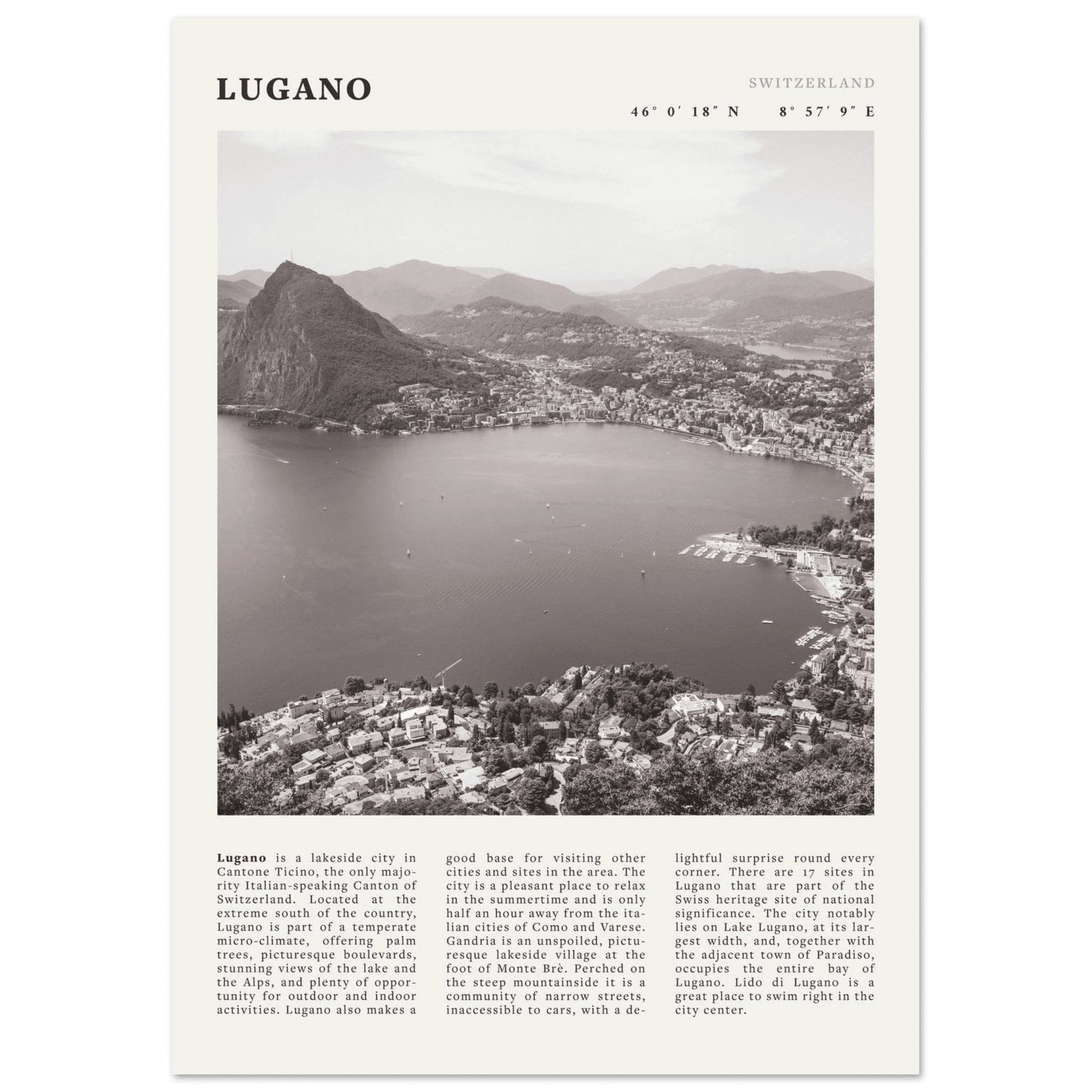 Lugano Poster | Black & White Swiss Lake Wall Art | Switzerland Travel Print - Evergreen Posters