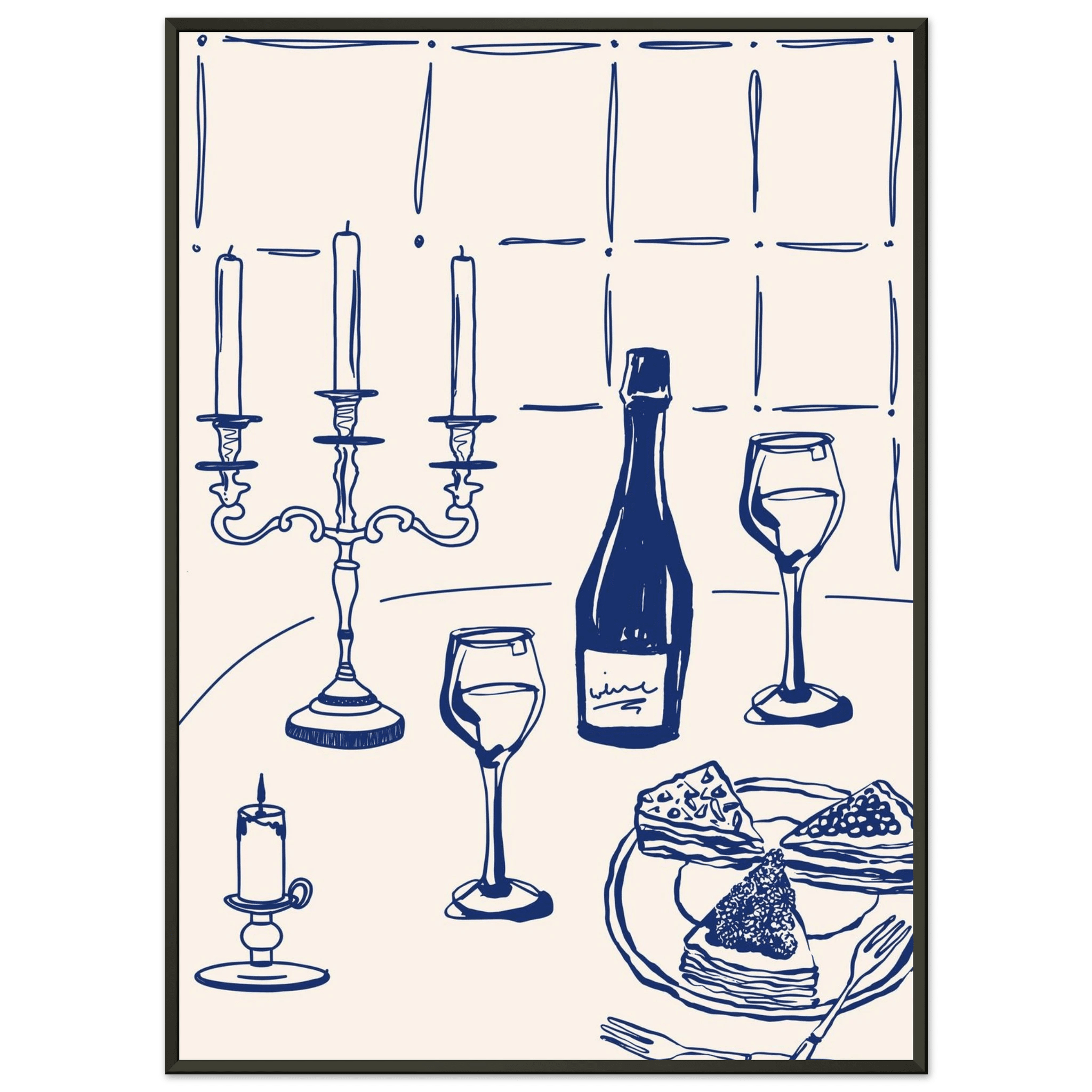 Candlelight Dinner Print | Navy Blue Wine & Candelabra Line Art | Kitchen Poster - Evergreen Posters