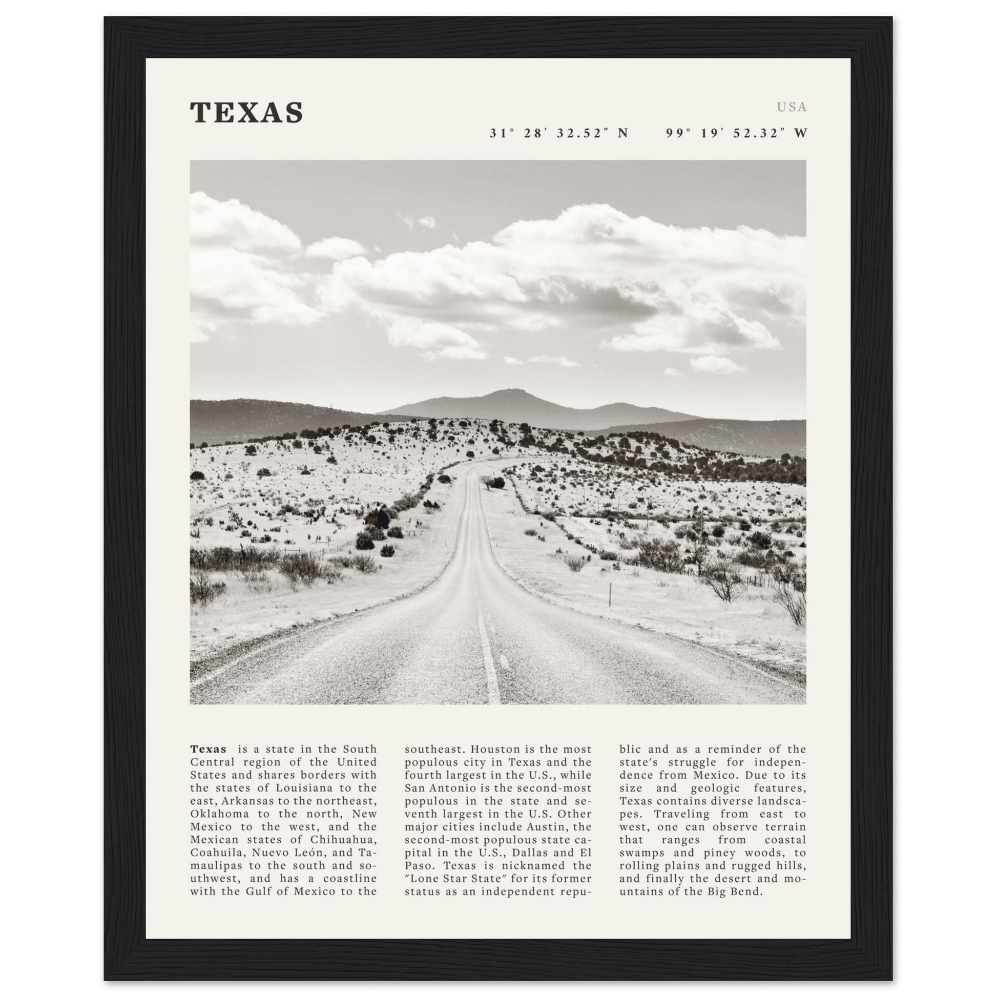 Texas Poster | Black & White Lone Star Road Wall Art | USA Travel Print Decor - Evergreen Posters