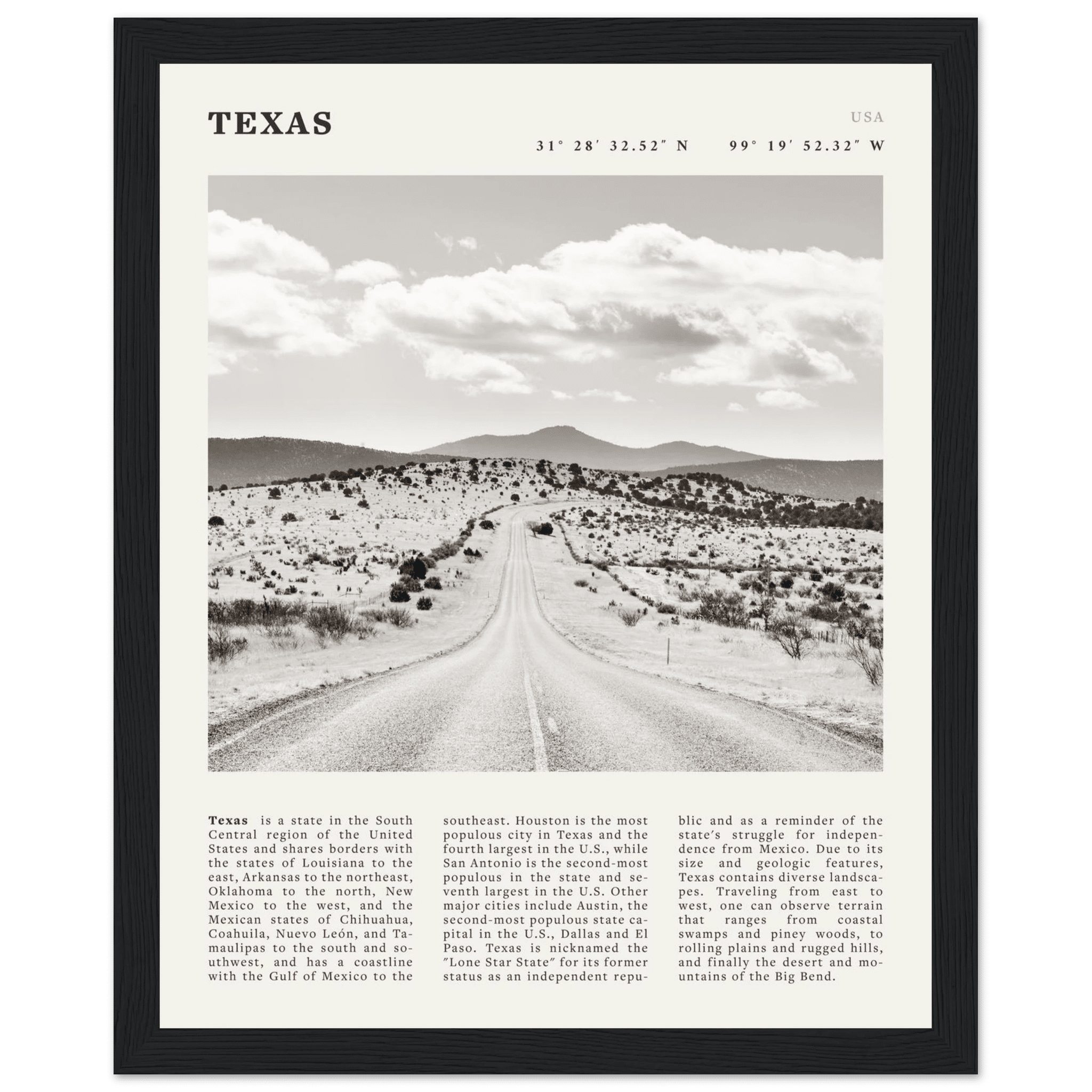 Texas Poster | Black & White Lone Star Road Wall Art | USA Travel Print Decor - Evergreen Posters