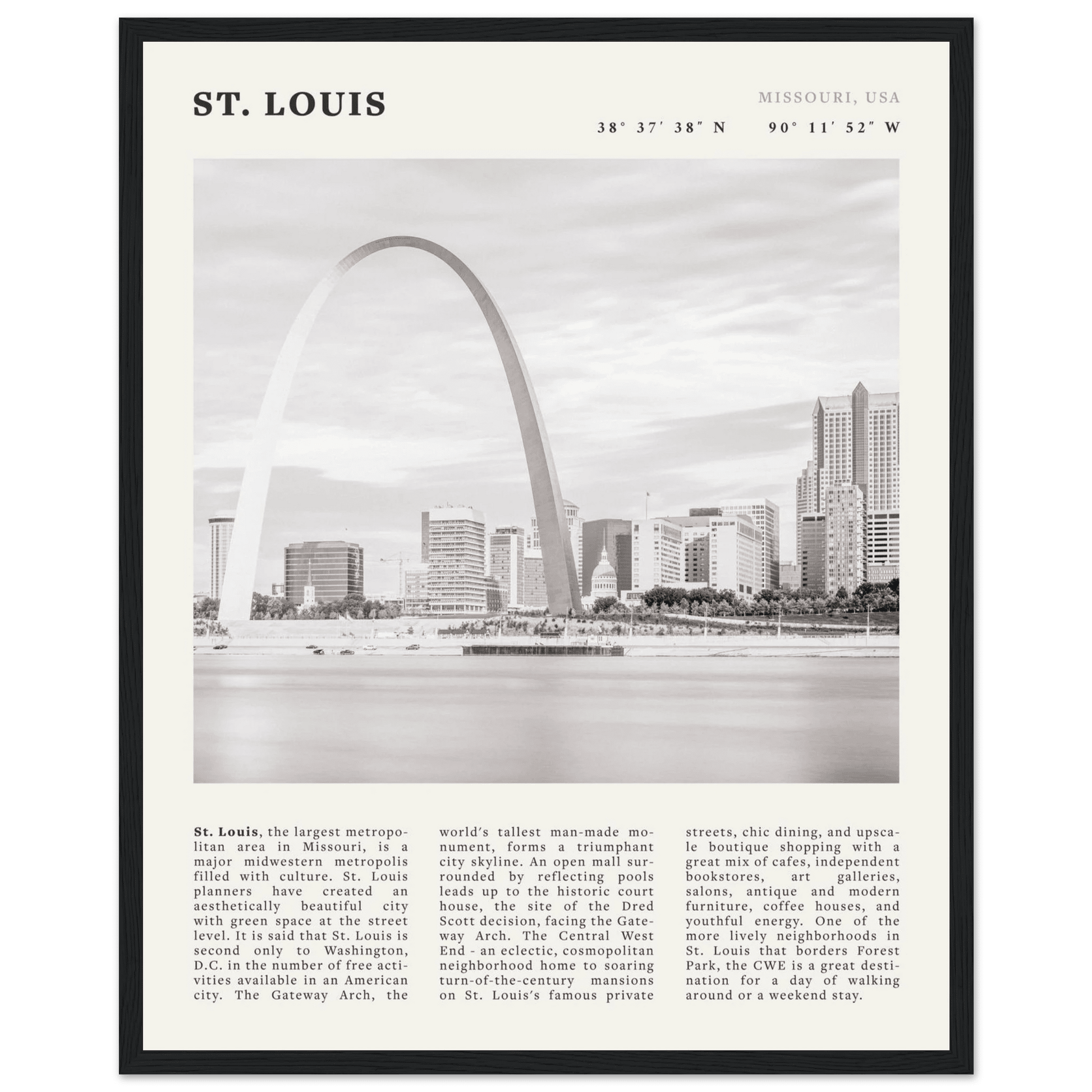 St. Louis Poster | Black & White Gateway Arch Wall Art | Missouri Travel Print - Evergreen Posters