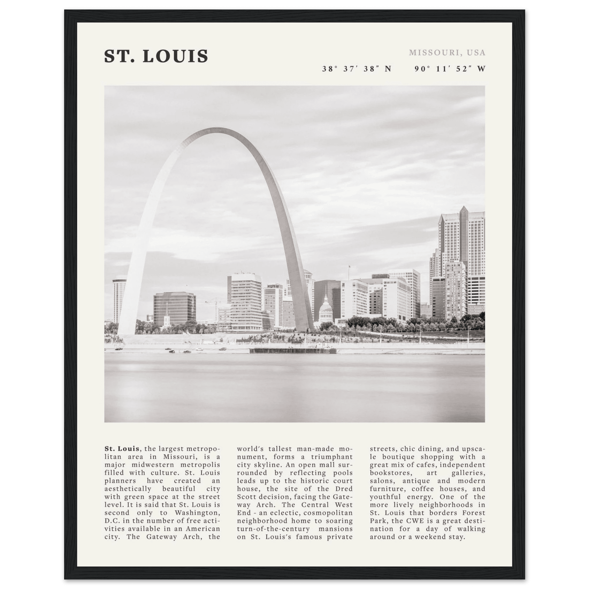 St. Louis Poster | Black & White Gateway Arch Wall Art | Missouri Travel Print - Evergreen Posters