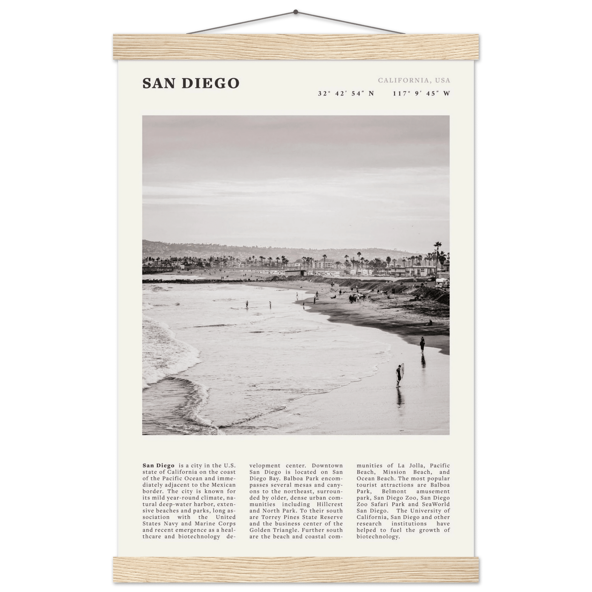 San Diego Poster | Black & White California Beach Wall Art | Coastal Travel Print Decor - Evergreen Posters