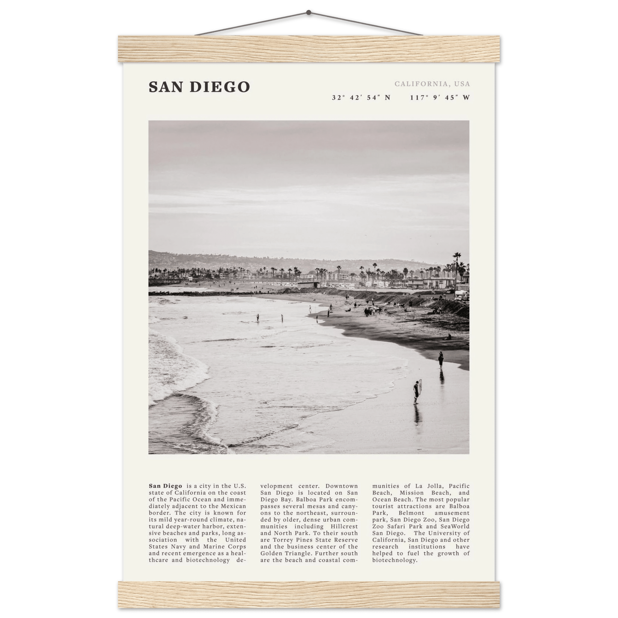 San Diego Poster | Black & White California Beach Wall Art | Coastal Travel Print Decor - Evergreen Posters