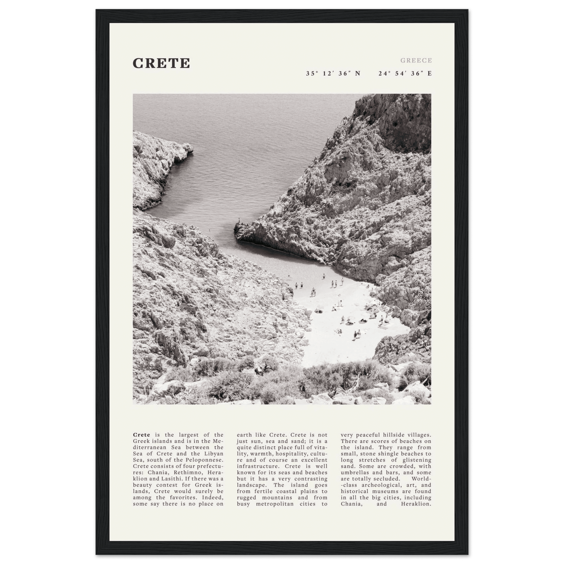 Crete Poster | Black & White Greece Beach Wall Art | Mediterranean Travel Print - Evergreen Posters