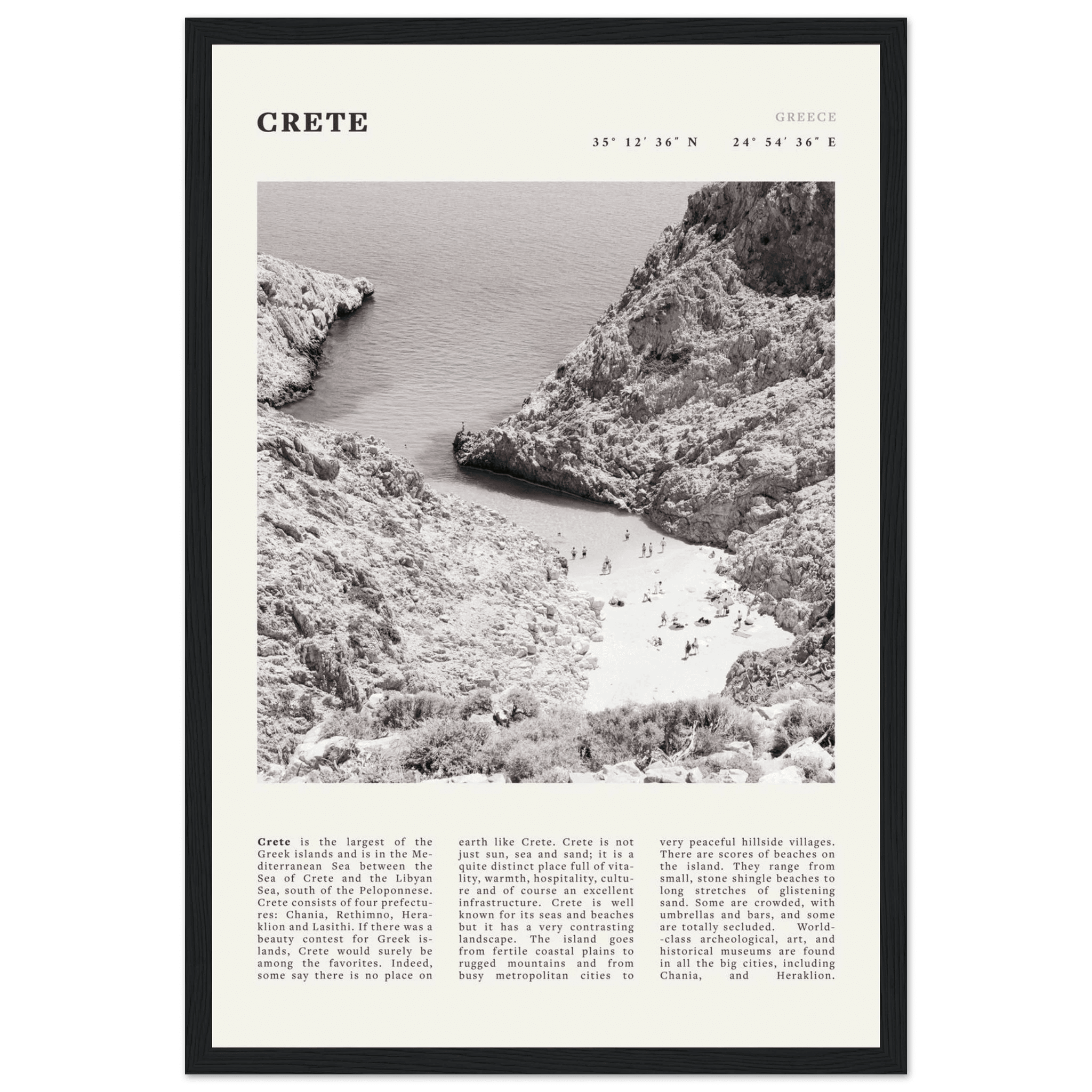 Crete Poster | Black & White Greece Beach Wall Art | Mediterranean Travel Print - Evergreen Posters
