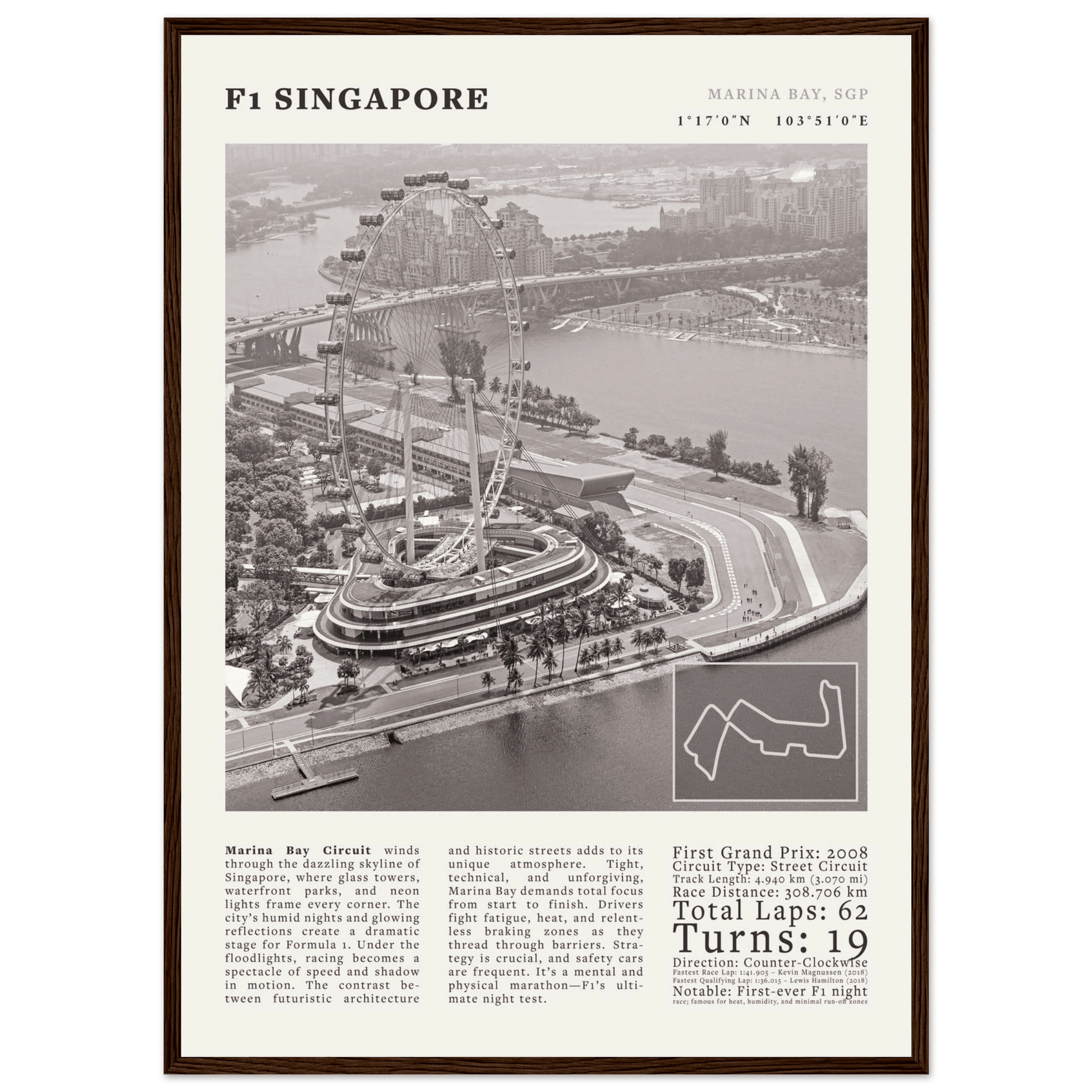 F1 Singapore Poster Black and White – Vintage Marina Bay Night Race Print (Digital & Printed Options) - Evergreen Posters