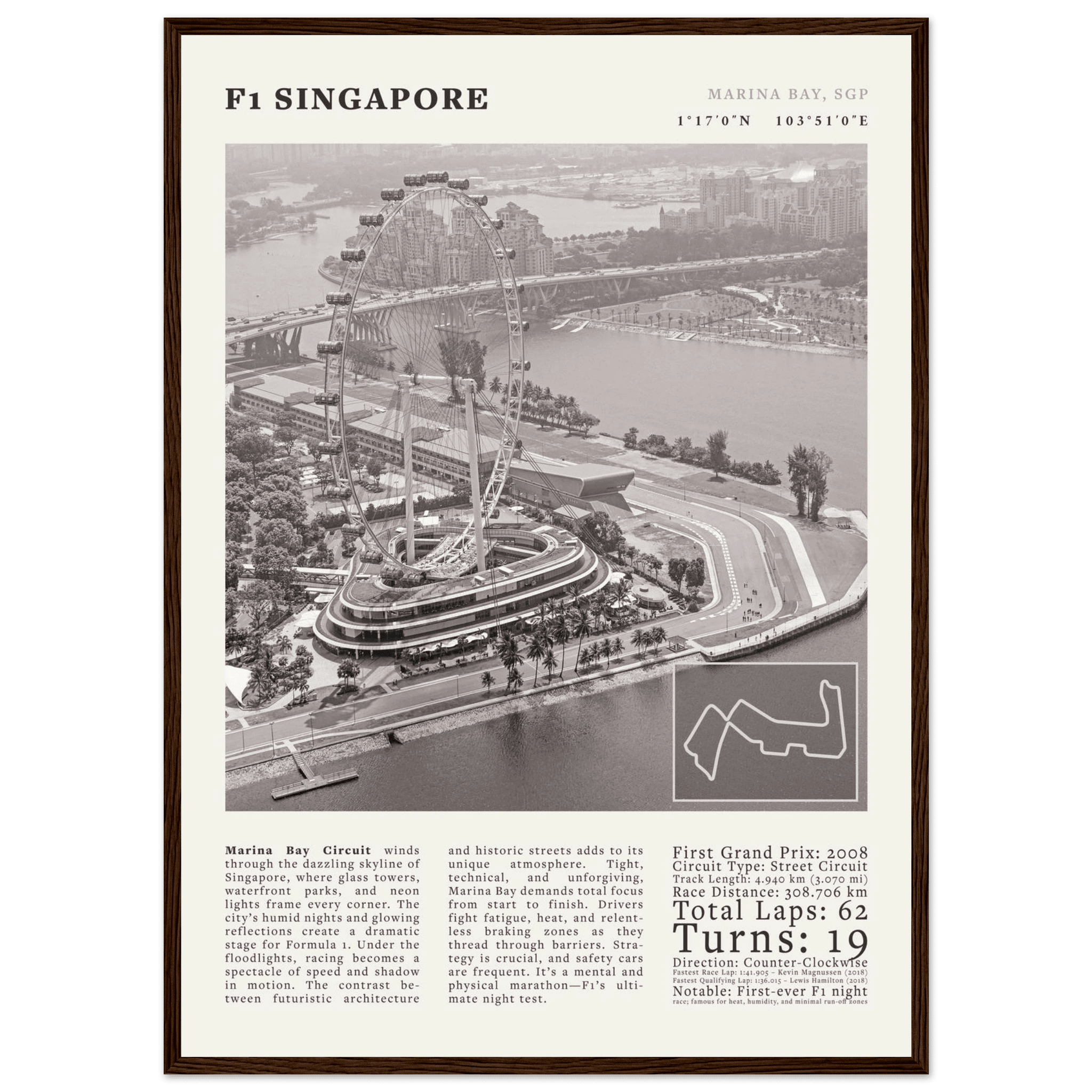 F1 Singapore Poster Black and White – Vintage Marina Bay Night Race Print (Digital & Printed Options) - Evergreen Posters